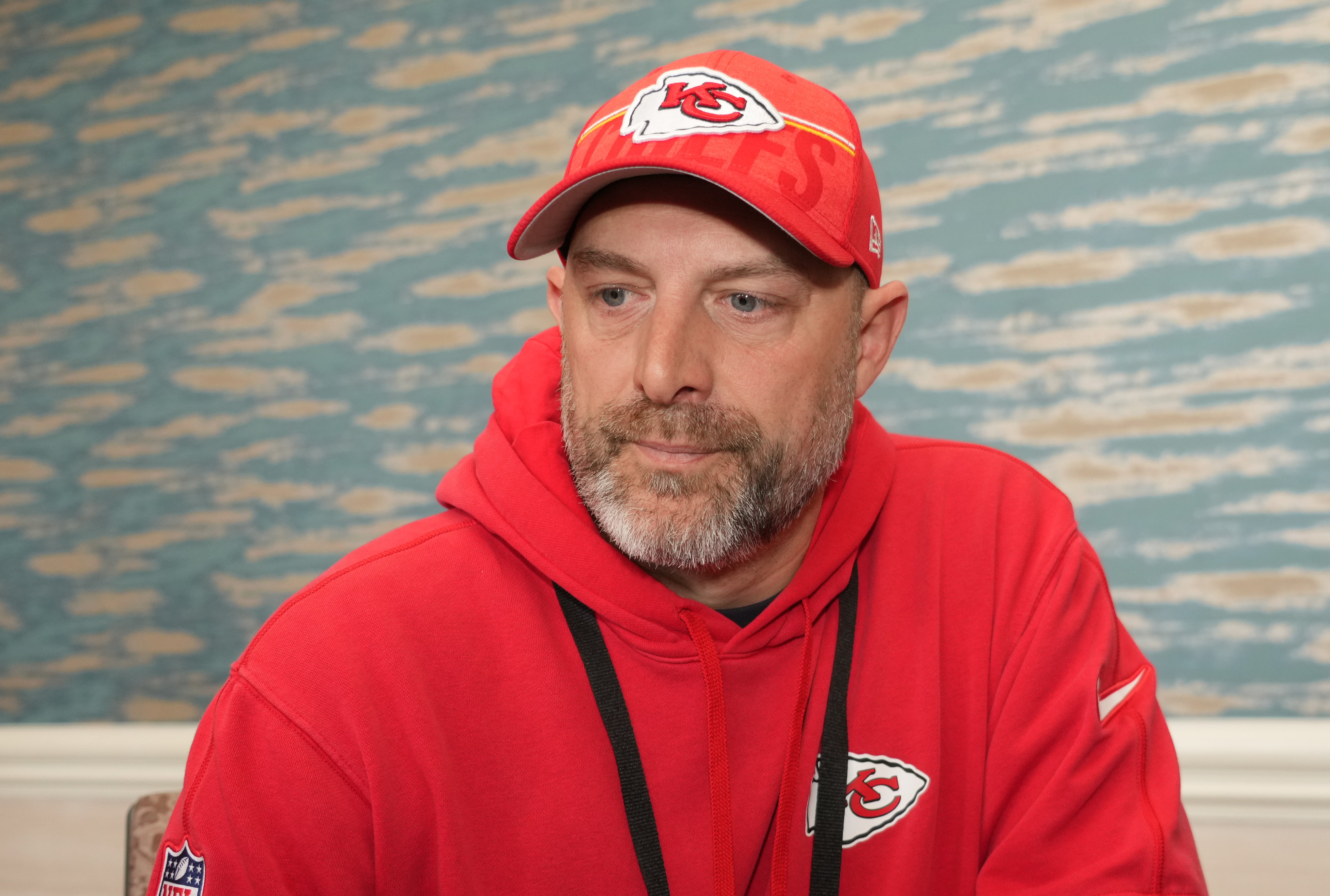 Feb 7, 2024; Las Vegas, NV, USA; Kansas City Chiefs offensive coordinator Matt Nagy during a press conference before Super Bowl LVIII at Westin Lake Las Vegas Resort and Spa.