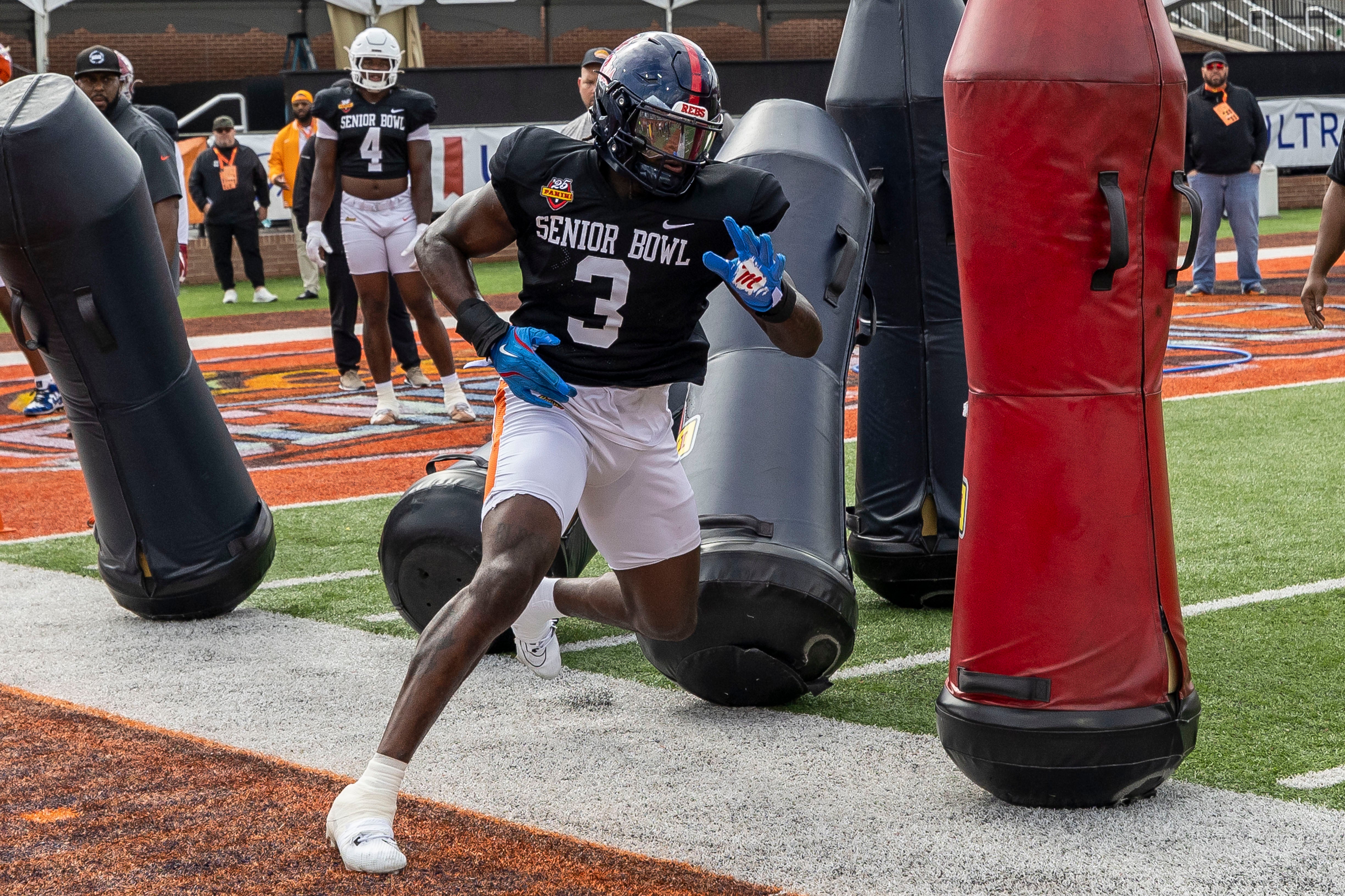 American team defensive lineman Princely Umanmielen of Ole Miss (3) works through drills during Senior Bowl practice for the American team at Hancock Whitney Stadium.