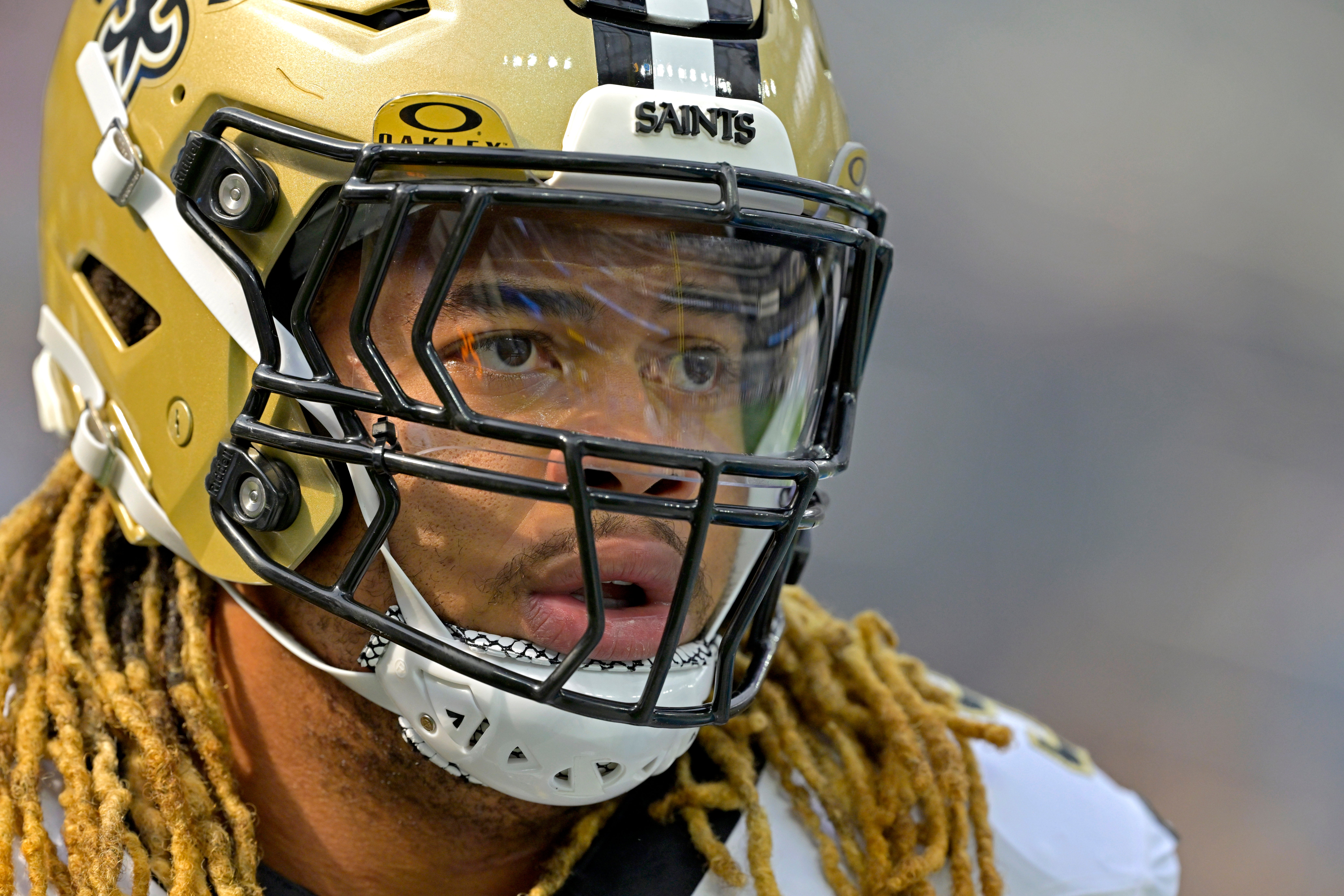 New Orleans Saints defensive end Chase Young (99) warms up prior to the game against the Los Angeles Chargers at SoFi Stadium.