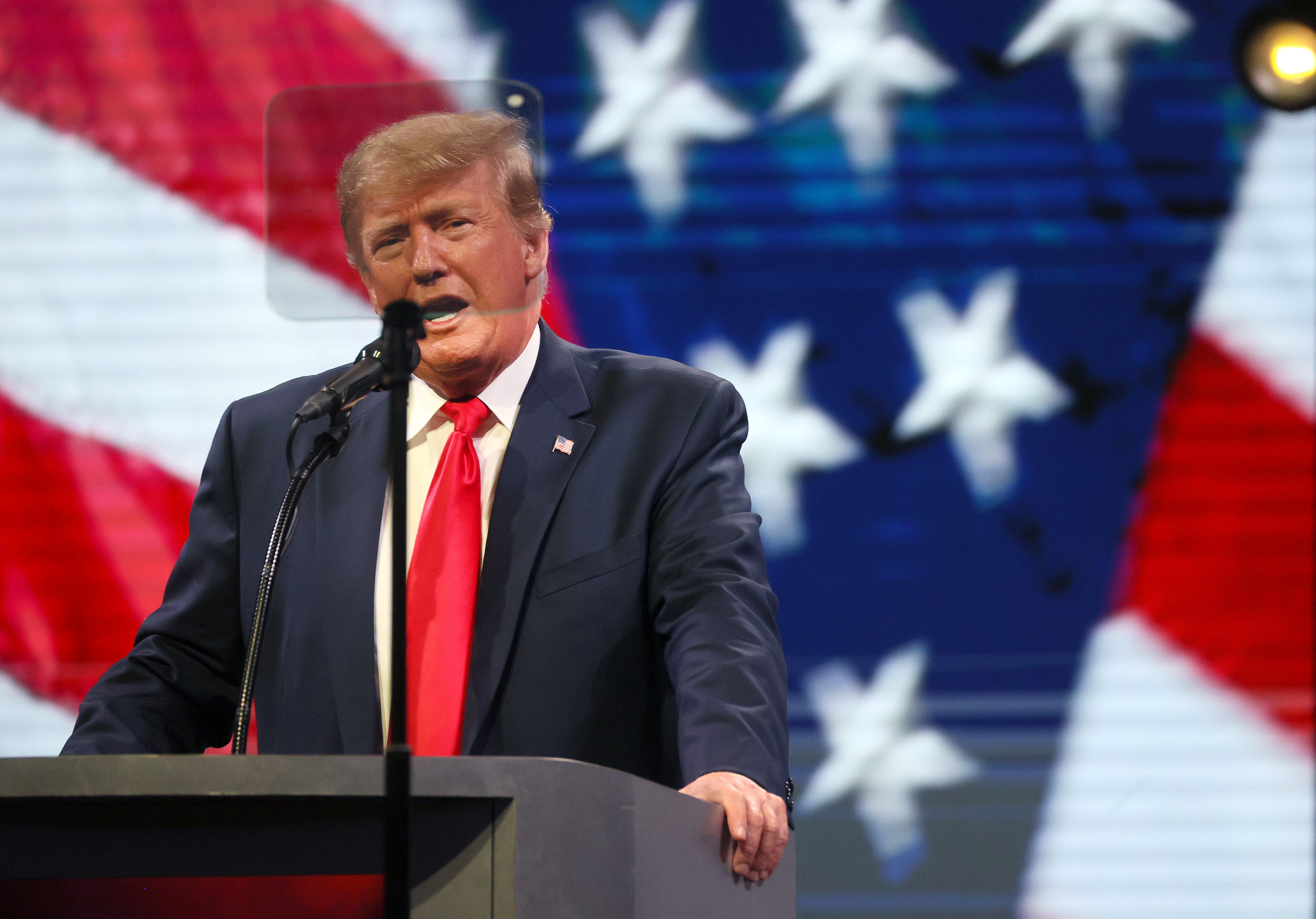 Former President Donald Trump speaks to the crowd gathered at the Landers Center in Southaven, Miss. on Saturday, June 18, 2022.