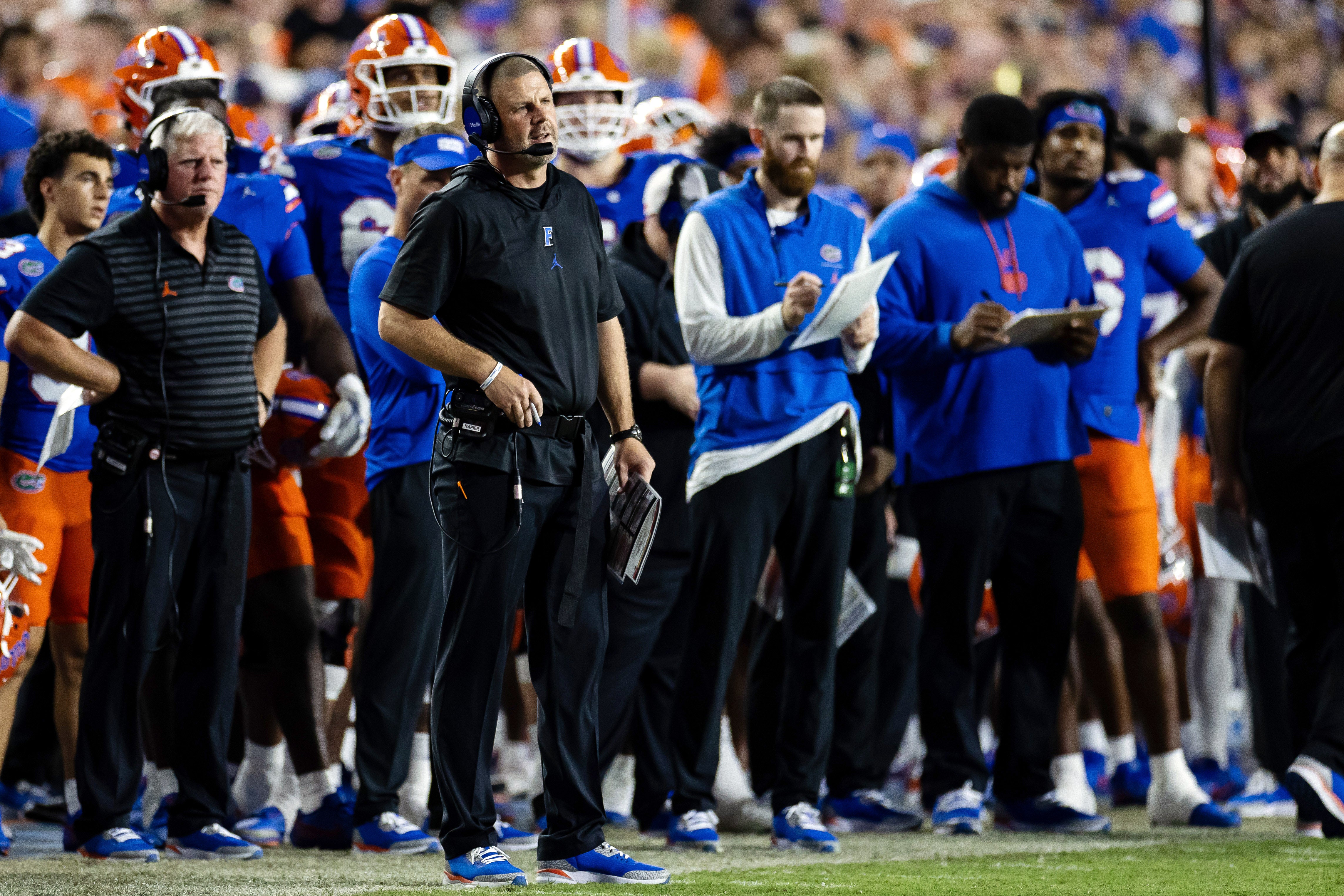 Sep 7, 2024; Gainesville, Florida, USA; Florida Gators head coach Billy Napier looks on against the Samford Bulldogs during the second half at Ben Hill Griffin Stadium.