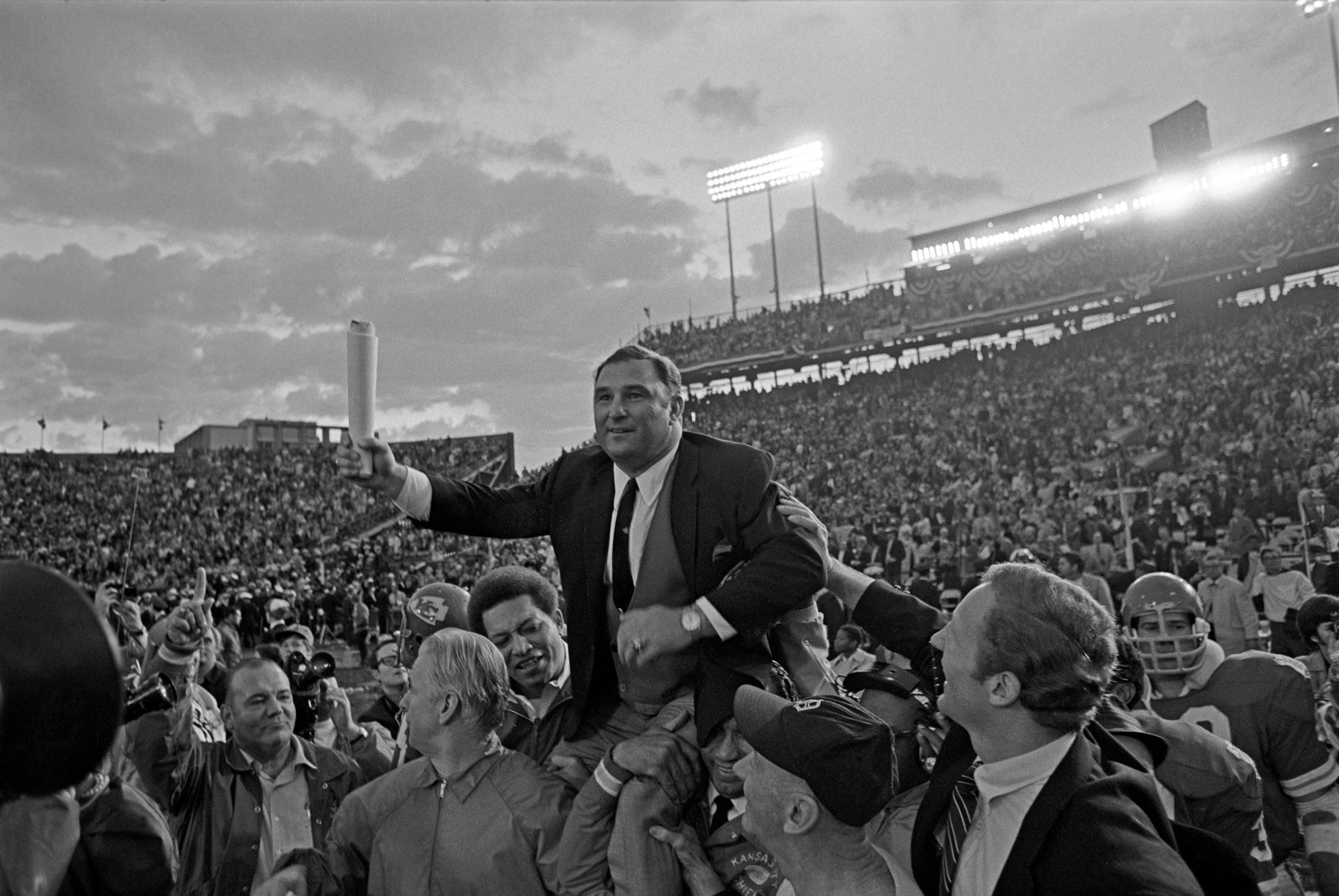 Jan. 11, 1970; New Orleans, LA, USA; FILE PHOTO; Kansas City Chiefs head coach Hank Stram rides the shoulders of his players and assistants at the end of the Chiefs victory over the Minnesota Vikings at Super Bowl IV at Tulane Stadium. The Chiefs won the game, 23-9.