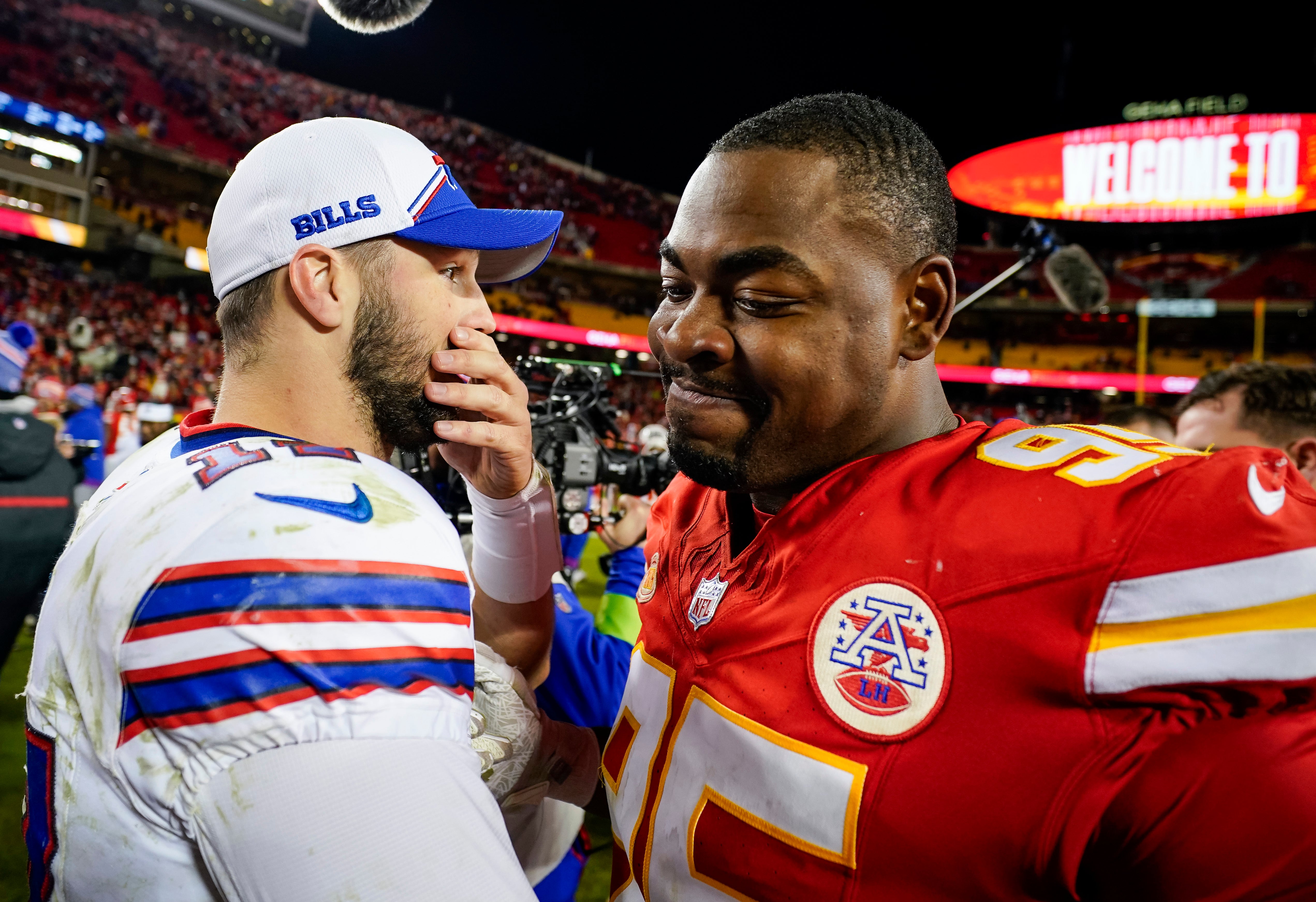 Dec 10, 2023; Kansas City, Missouri, USA; Buffalo Bills quarterback Josh Allen (17) greets Kansas City Chiefs defensive tackle Chris Jones (95) after a game at GEHA Field at Arrowhead Stadium.
