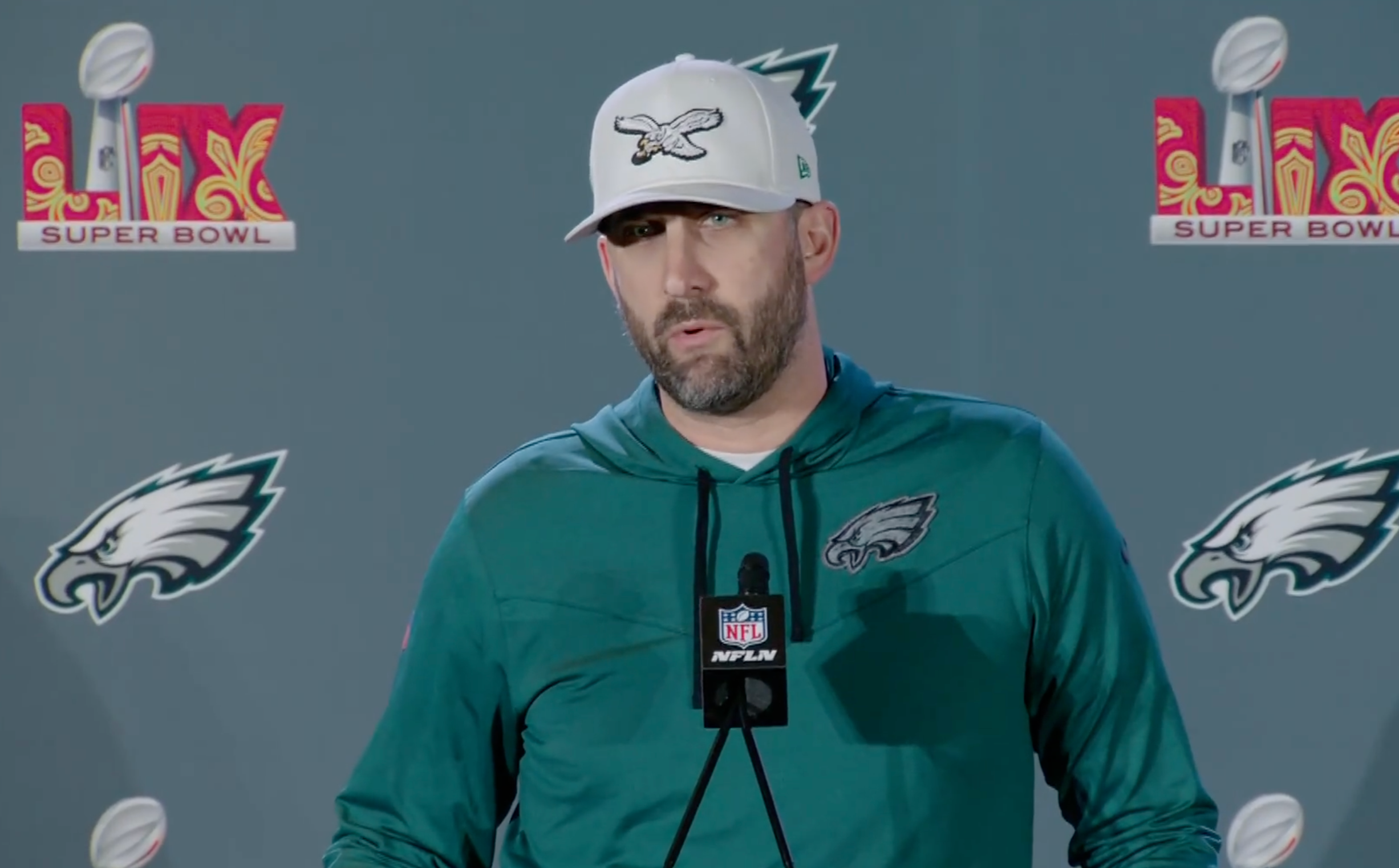 Philadelphia Eagles head coach Nick Sirianni speaks to media during Super Bowl LIX week