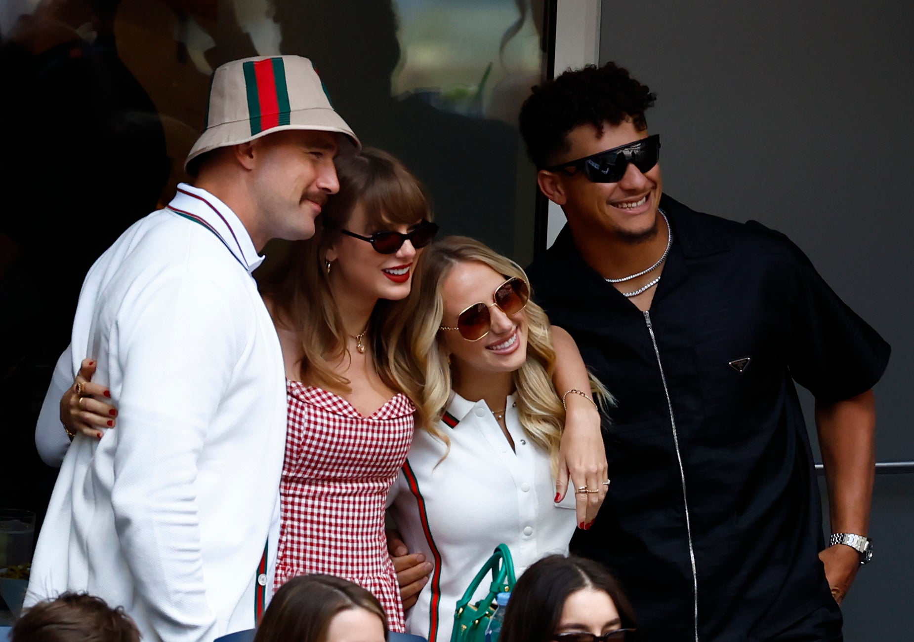 Sep 8, 2024; Flushing, NY, USA; Recording artist Taylor Swift and Kansas City Chiefs tight end Travis Kelce and Kansas City Chiefs quarterback Patrick Mahomes and Brittany Mahomes look on in the men’s singles final of the 2024 U.S. Open tennis tournament at USTA Billie Jean King National Tennis Center at Louis Armstrong Stadium.