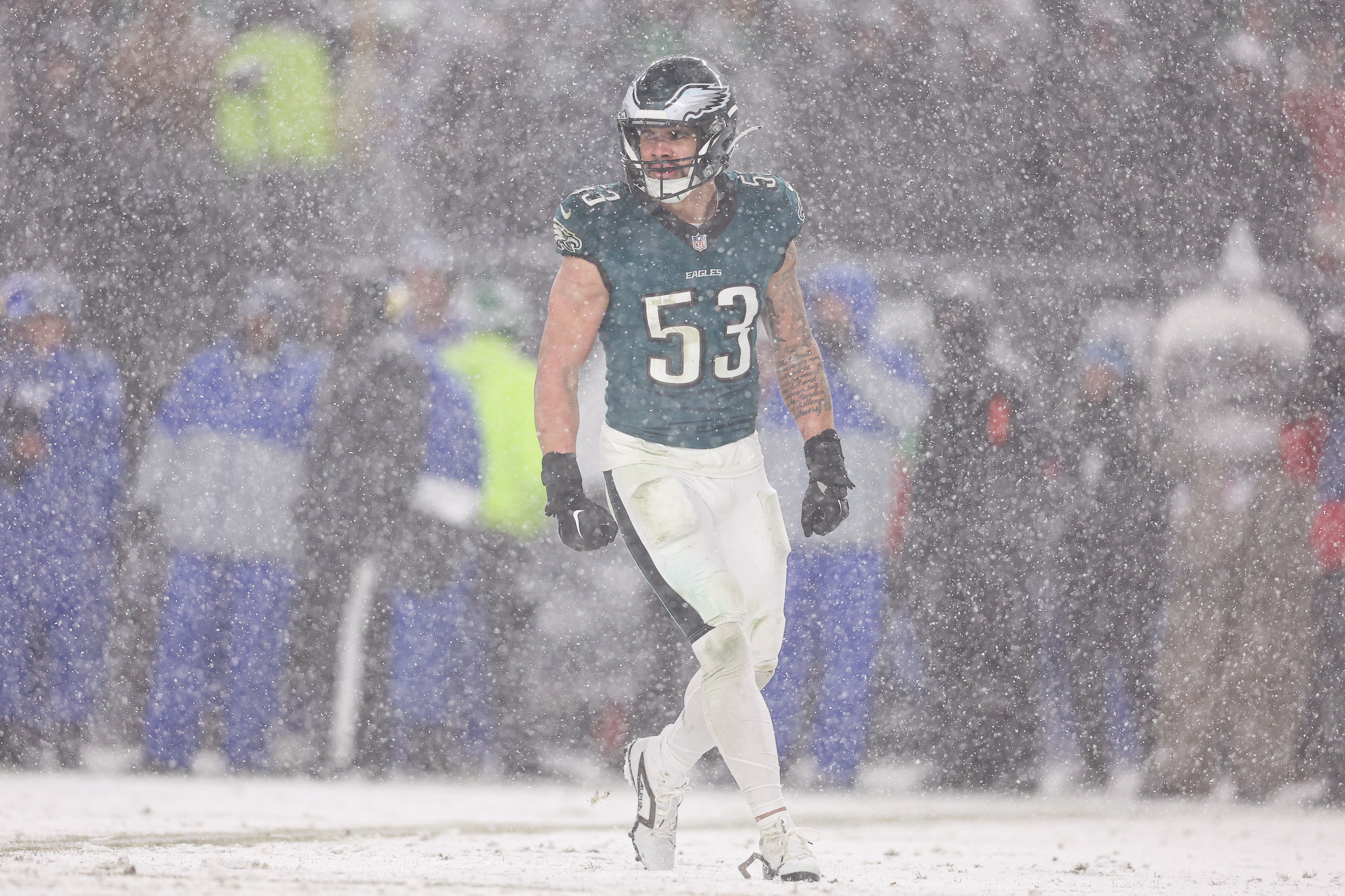Jan 19, 2025; Philadelphia, Pennsylvania, USA; Philadelphia Eagles linebacker Zack Baun (53) in a game against the Los Angeles Rams in a 2025 NFC divisional round game at Lincoln Financial Field.