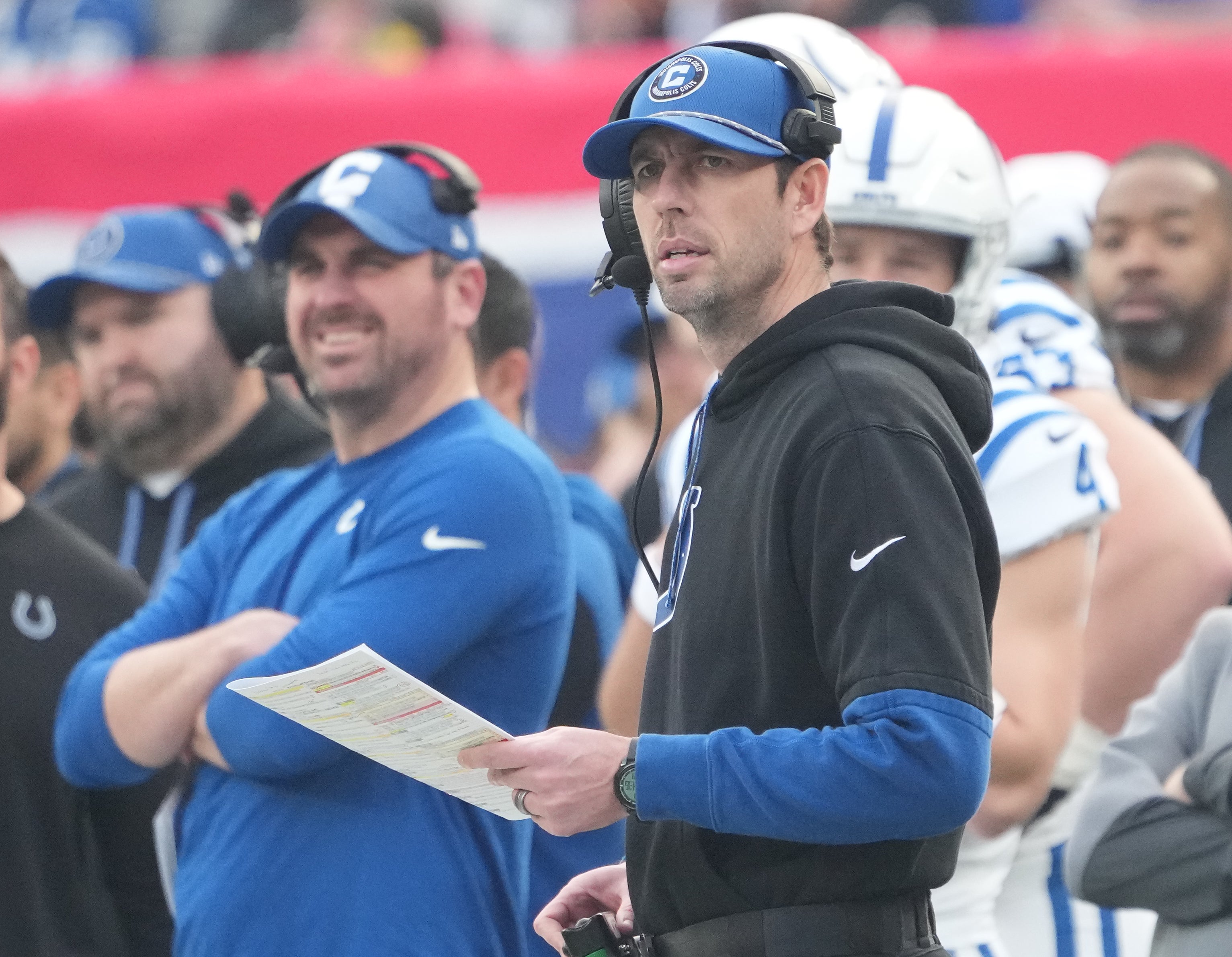 Dec 29, 2024; East Rutherford, New Jersey, USA; Indianapolis Colts head coach Shane Steichen watches downfield against the New York Giants at MetLife Stadium.