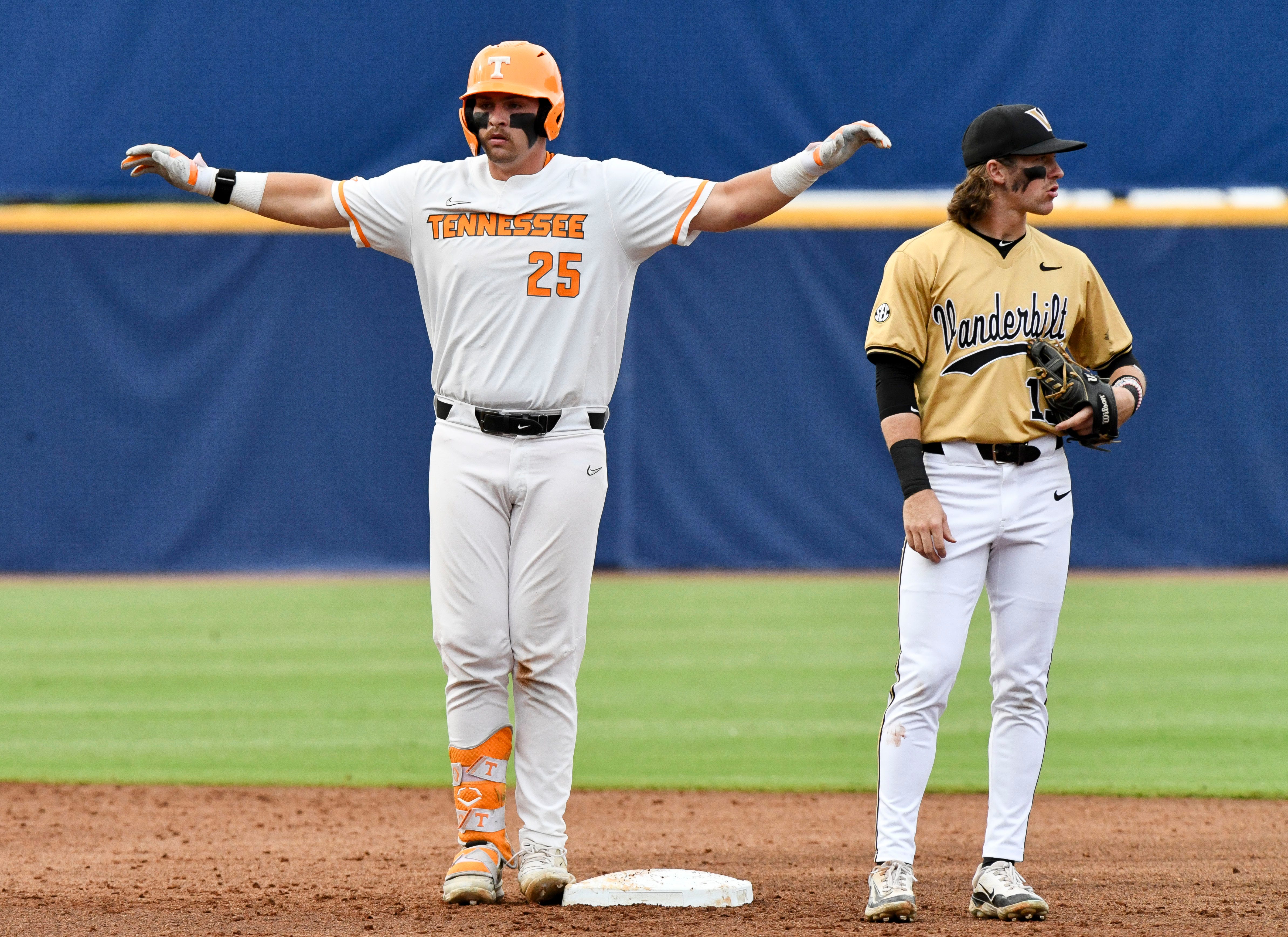 May 22 2024; Hoover, AL, USA; Tennessee hitter Blake Burke celebrates at second after doubling against Vanderbilt at the Hoover Met during the SEC Tournament.