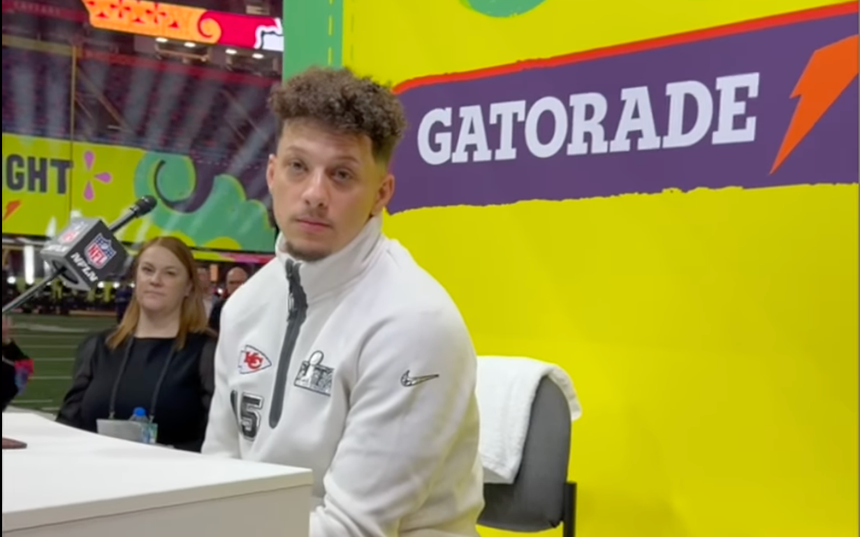 Kansas City Chiefs QB Patrick Mahomes takes questions during opening night media availability for Super Bowl LIX