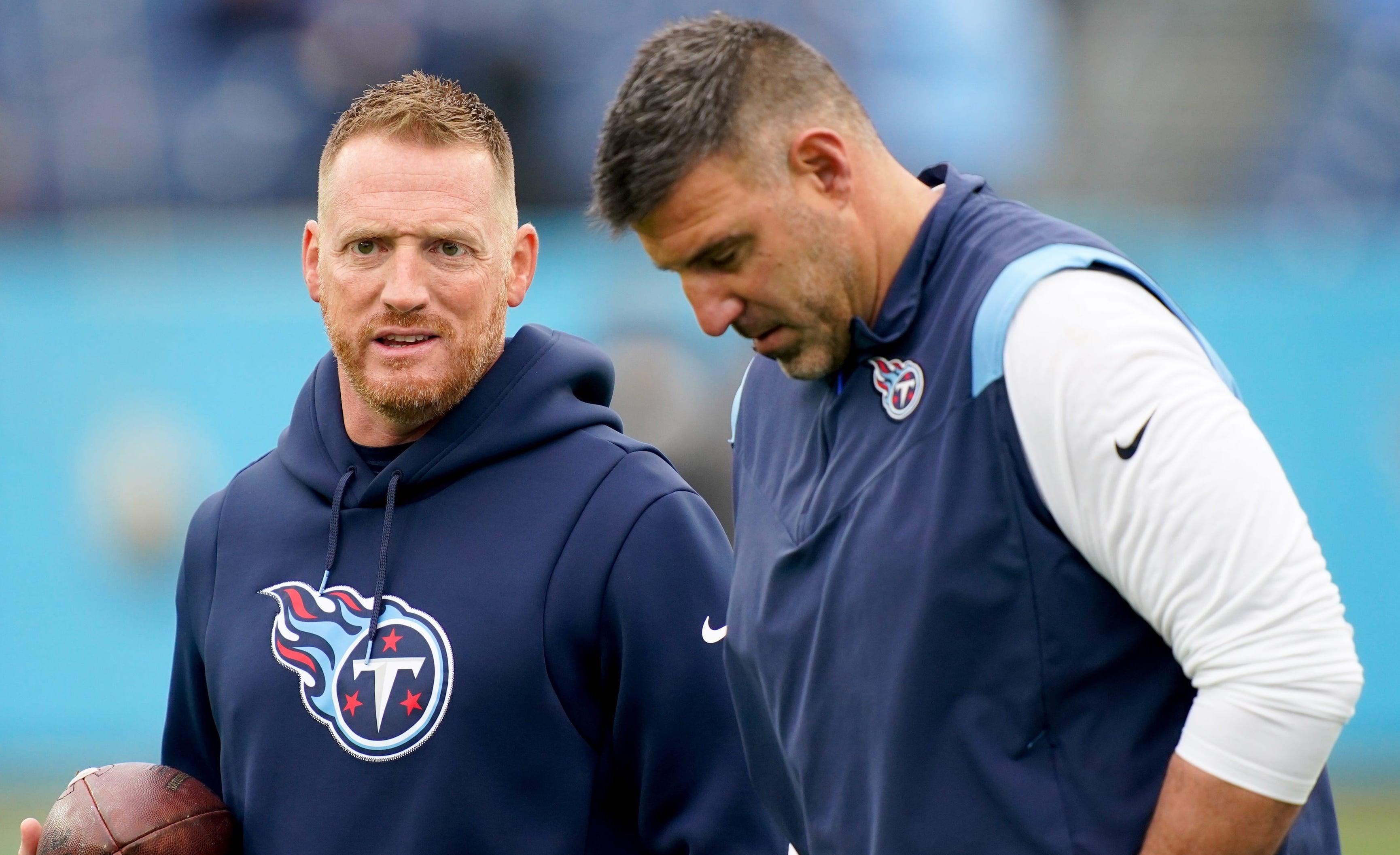 Titans offensive coordinator Todd Downing talks with head coach Mike Vrabel as the team gets ready to face the Jacksonville Jaguars at Nissan Stadium Sunday, Dec. 11, 2022, in Nashville, Tenn. Nfl Ja... George Walker IV / Tennessean.com-USA TODAY NETWORK