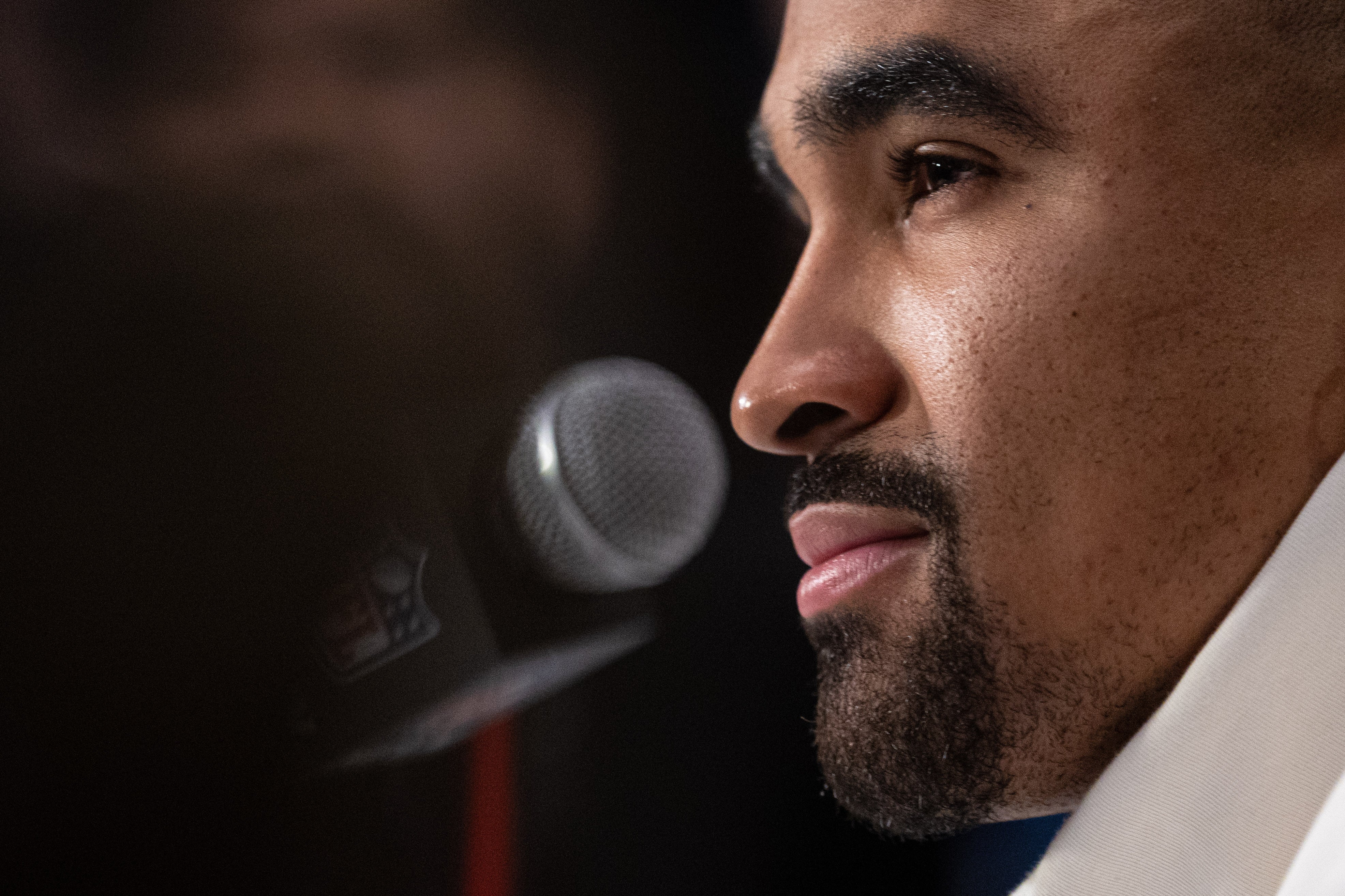 Philadelphia Eagles quarterback Jalen Hurts speaks with the media during a press conference at Hilton New Orleans Riverside.