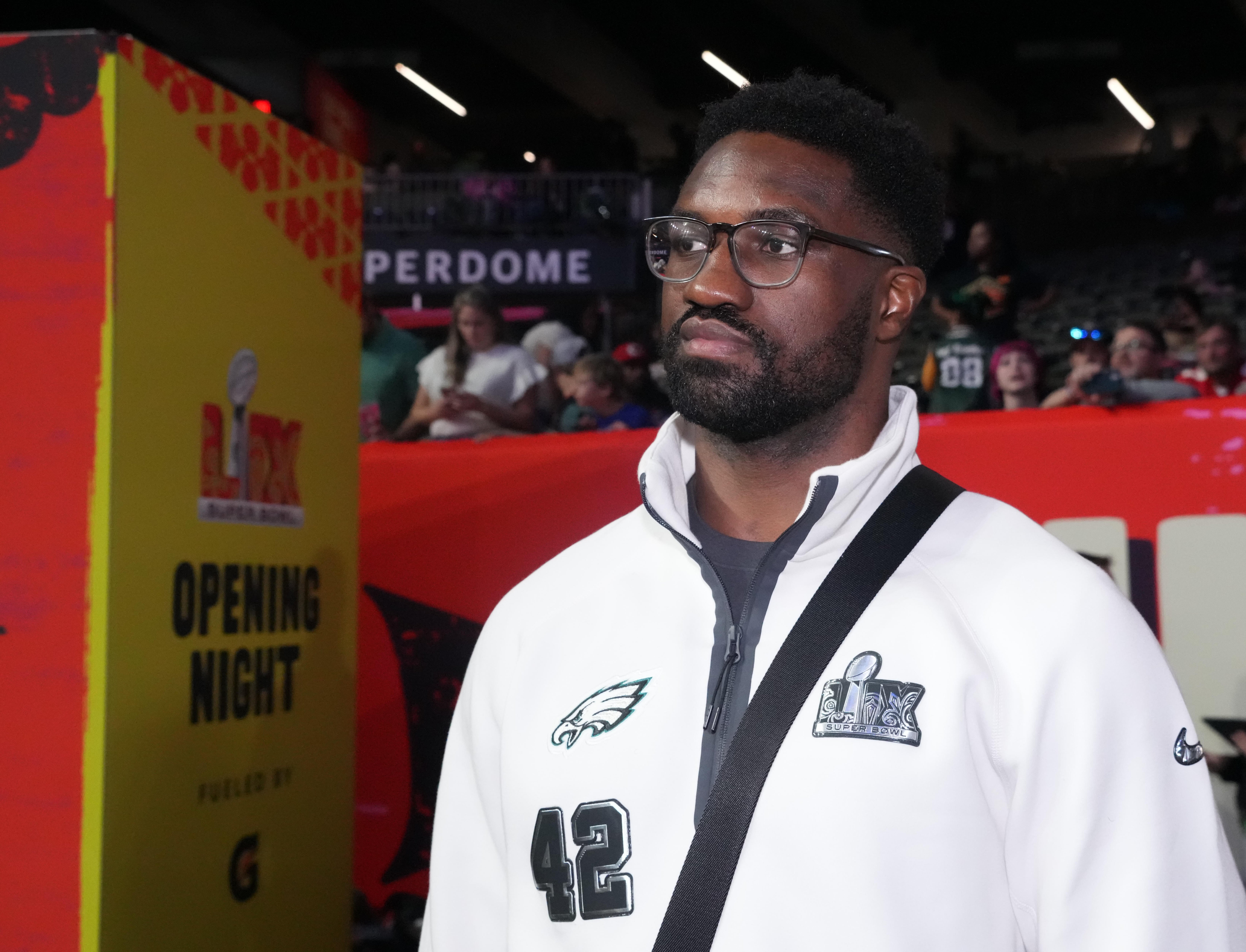 Philadelphia Eagles linebacker Oren Burks (42) attends Super Bowl LIX Opening Night at Ceasars Superdome.
