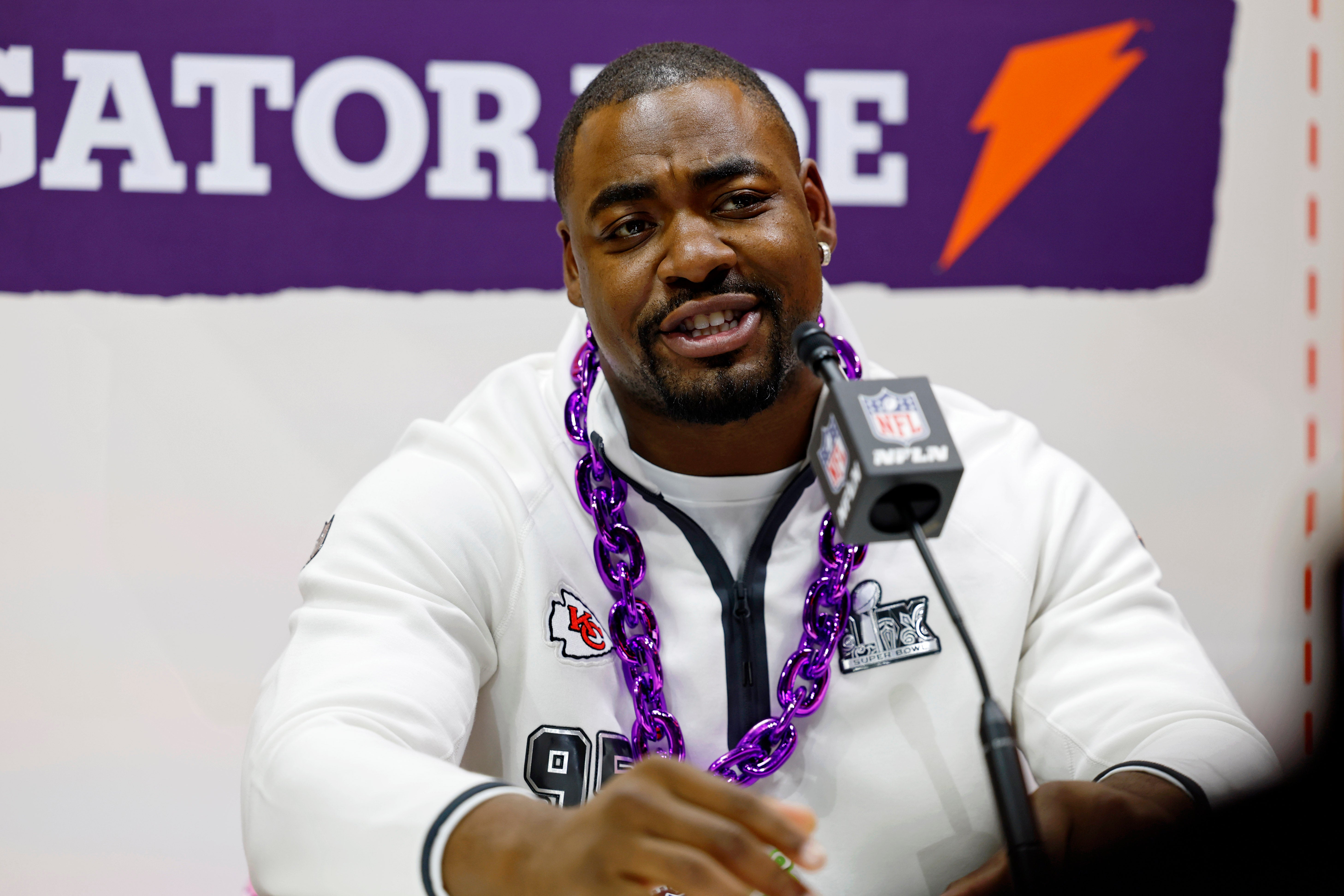 Feb 3, 2025; New Orleans, LA, USA; Kansas City Chiefs defensive tackle Chris Jones (95) talks to the media during Super Bowl LIX Opening Night at Ceasars Superdome.