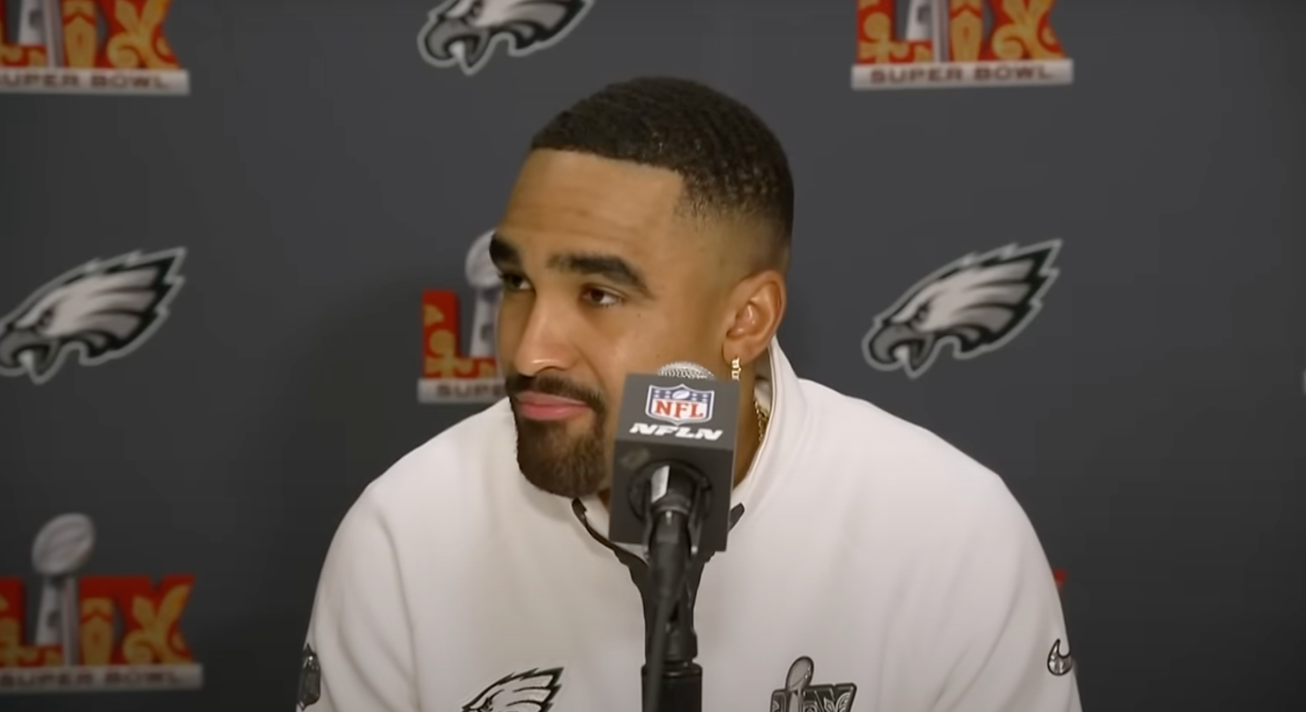 Philadelphia Eagles QB Jalen Hurts speaks to media during Super Bowl LIX week