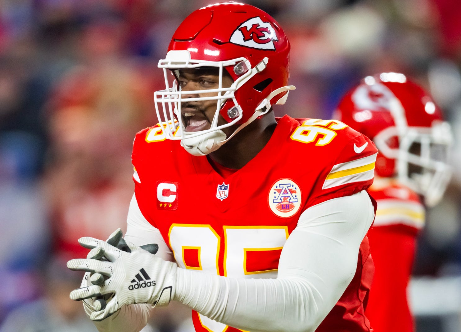 Jan 26, 2025; Kansas City, MO, USA; Kansas City Chiefs defensive tackle Chris Jones (95) against the Buffalo Bills during the AFC Championship game at GEHA Field at Arrowhead Stadium.