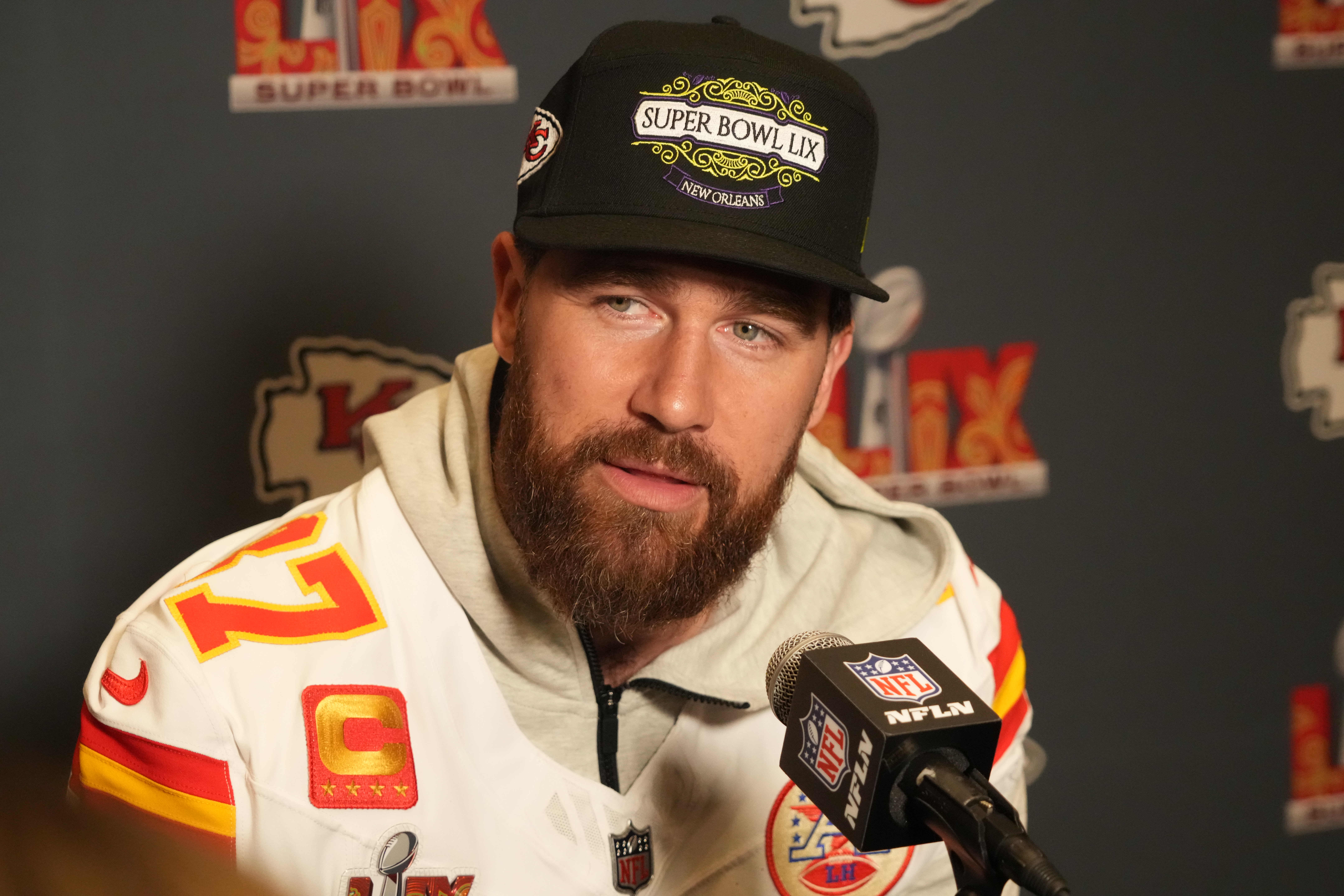 Feb 5, 2025; New Orleans, LA, USA; Kansas City Chiefs tight end Travis Kelce (87) in a press conference ahead of Super Bowl LIX at New Orleans Marriott.