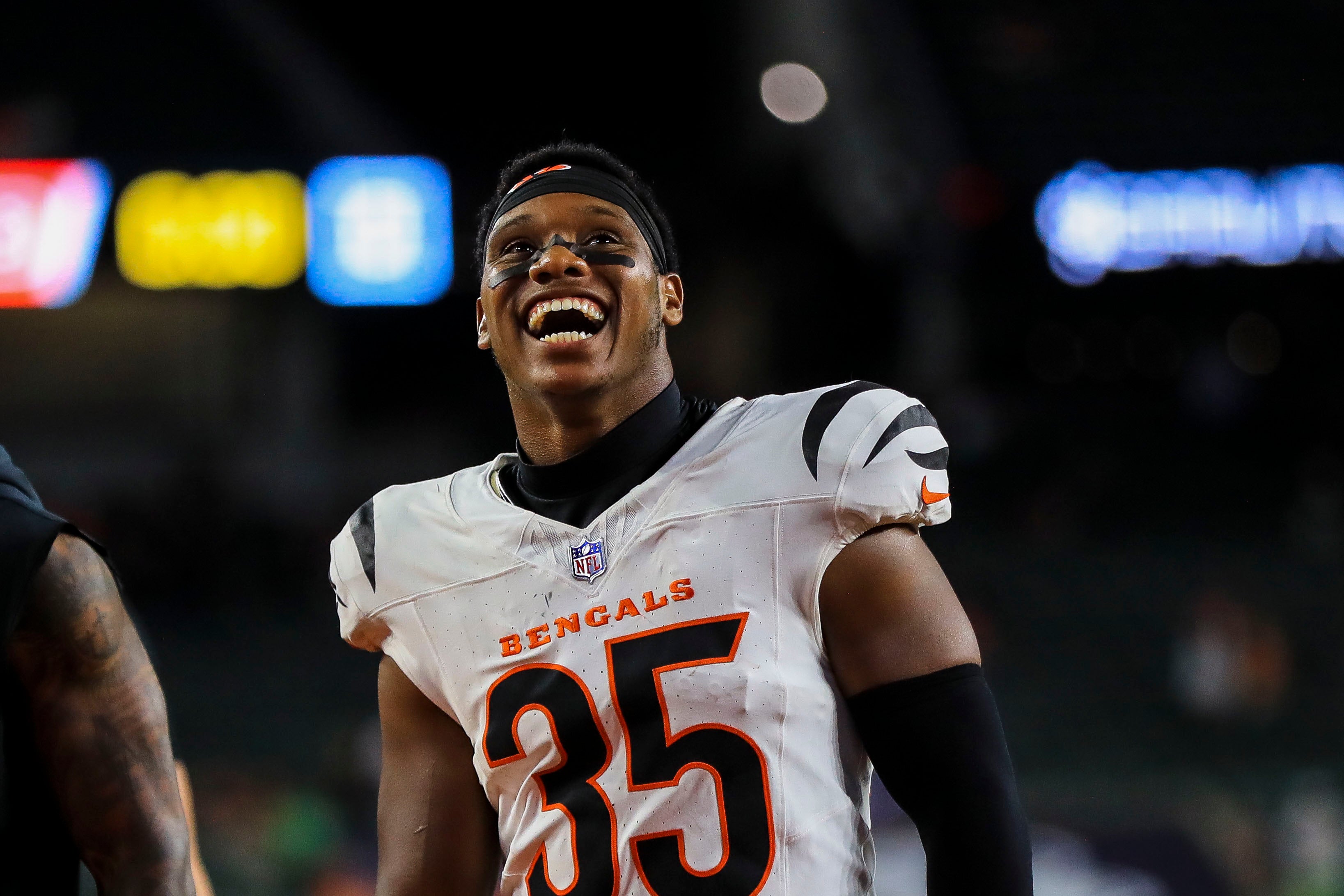 Aug 10, 2024; Cincinnati, Ohio, USA; Cincinnati Bengals cornerback Jalen Davis (35) walks off the field at the end of the game against the Tampa Bay Buccaneers at Paycor Stadium.