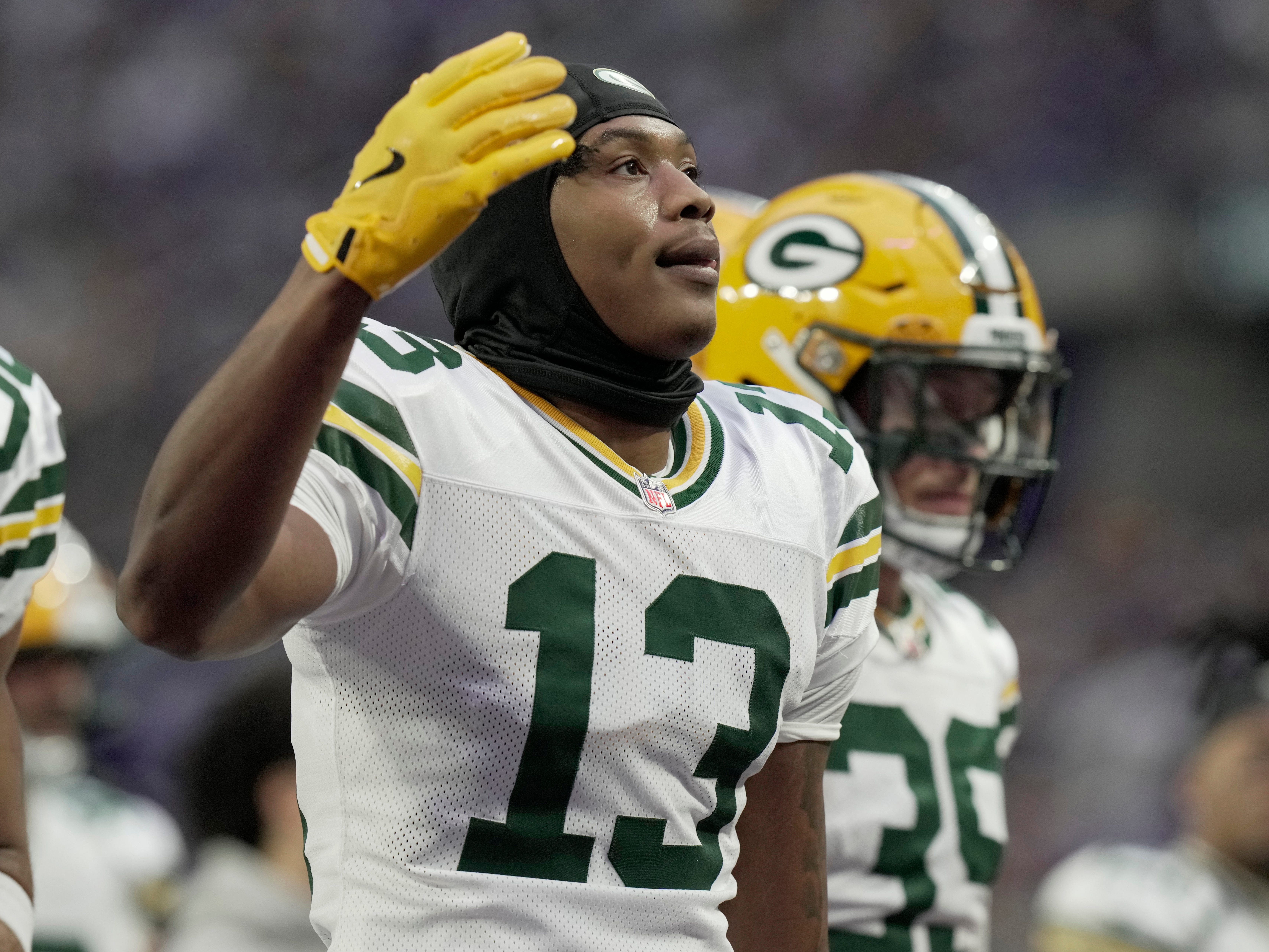 Green Bay Packers wide receiver Dontayvion Wicks (13) is shown before their game Sunday, December 29, 2024 at U.S. Bank Stadium in Minneapolis, Minnesota. The Minnesota Vikings beat the Green Bay Packers 27-25.
