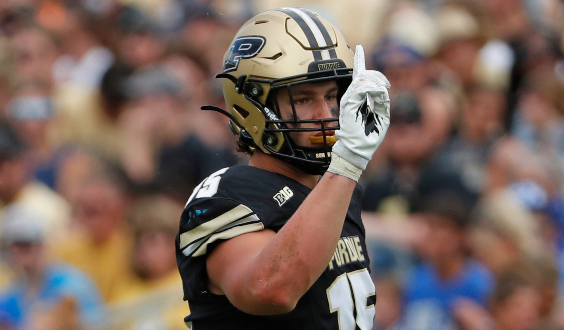 Purdue Boilermakers defensive end Will Heldt (15) reacts after a defensive stop Saturday, Aug. 31, 2024, during the NCAA football game against the Indiana State Sycamores at Ross-Ade Stadium in West Lafayette, Ind. Purdue Boilermakers won 49-0.