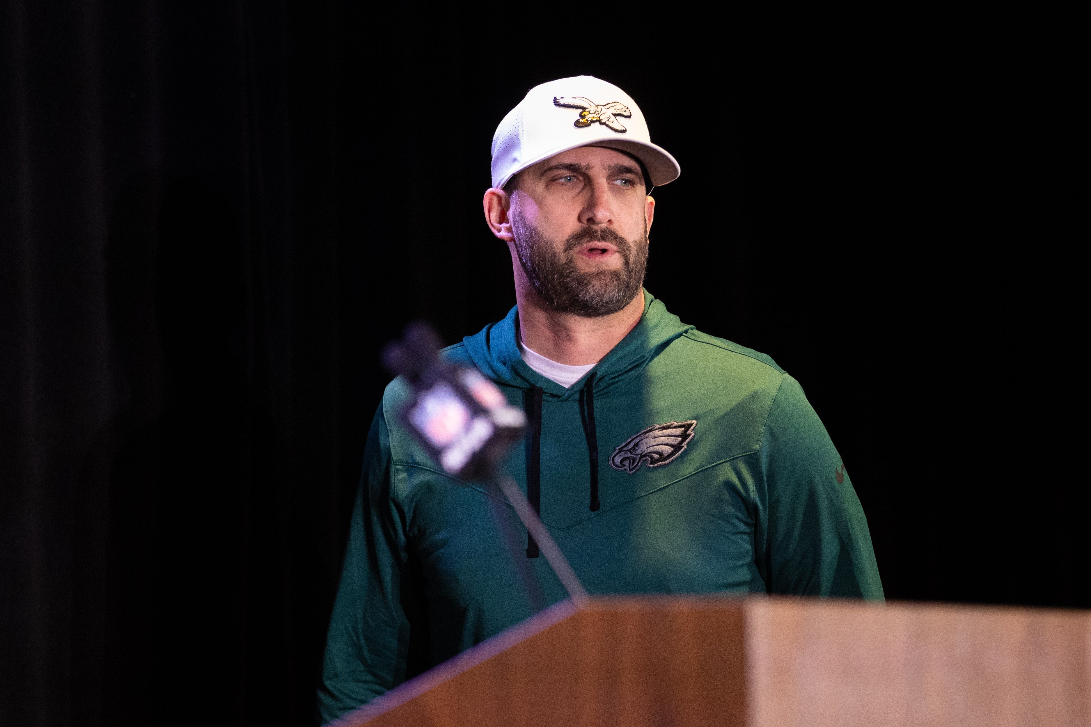 Philadelphia Eagles head coach Nick Sirianni takes the podium for a press conference at Hilton New Orleans Riverside.