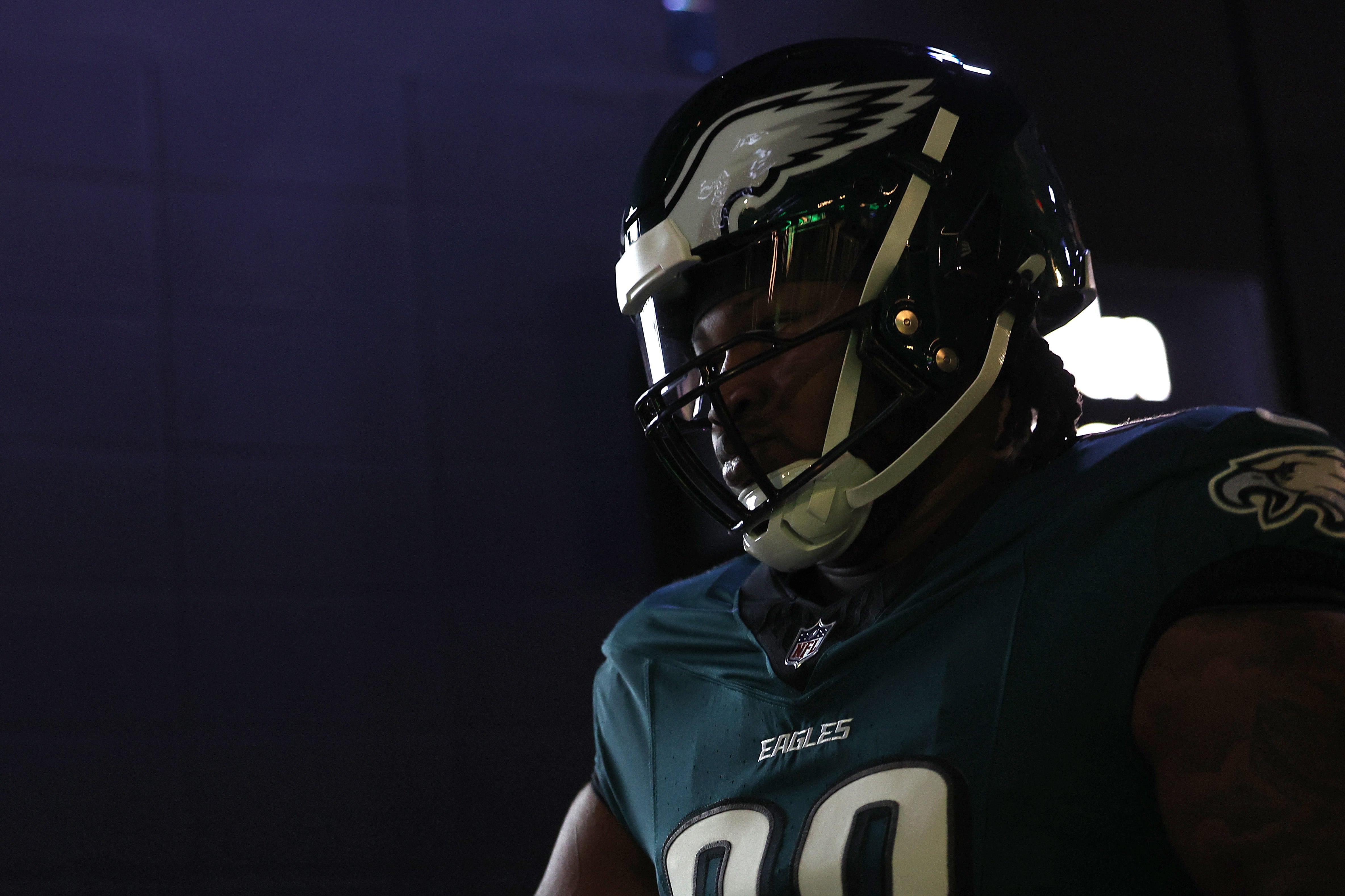 Jan 12, 2025; Philadelphia, Pennsylvania, USA; Philadelphia Eagles defensive tackle Jalen Carter (98) takes the field before the NFC wild card game against the Green Bay Packers at Lincoln Financial Field.