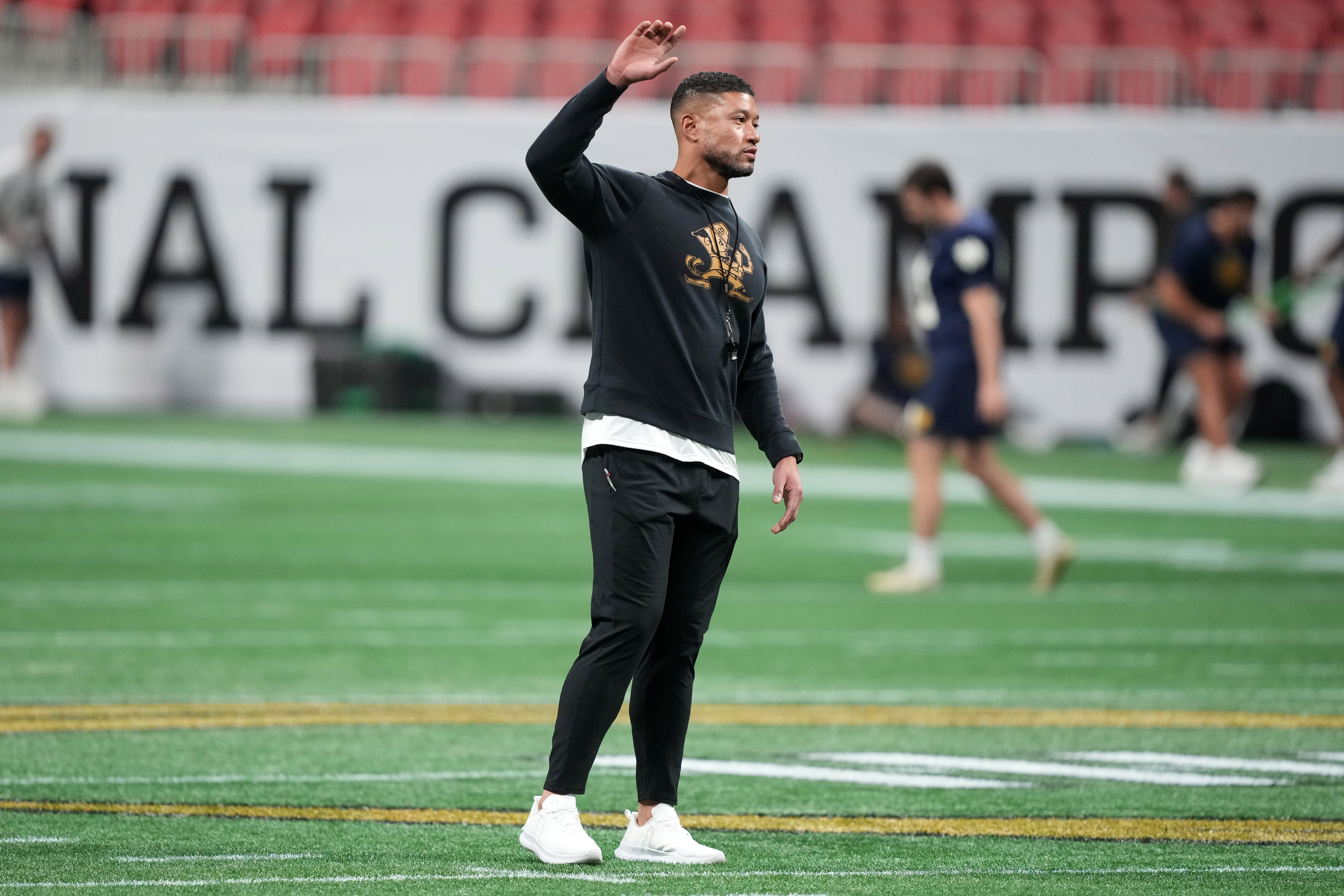 Jan 18, 2025; Atlanta, GA, USA; Notre Dame Fighting Irish coach Marcus Freeman during practice at Mercedes-Benz Stadium. 