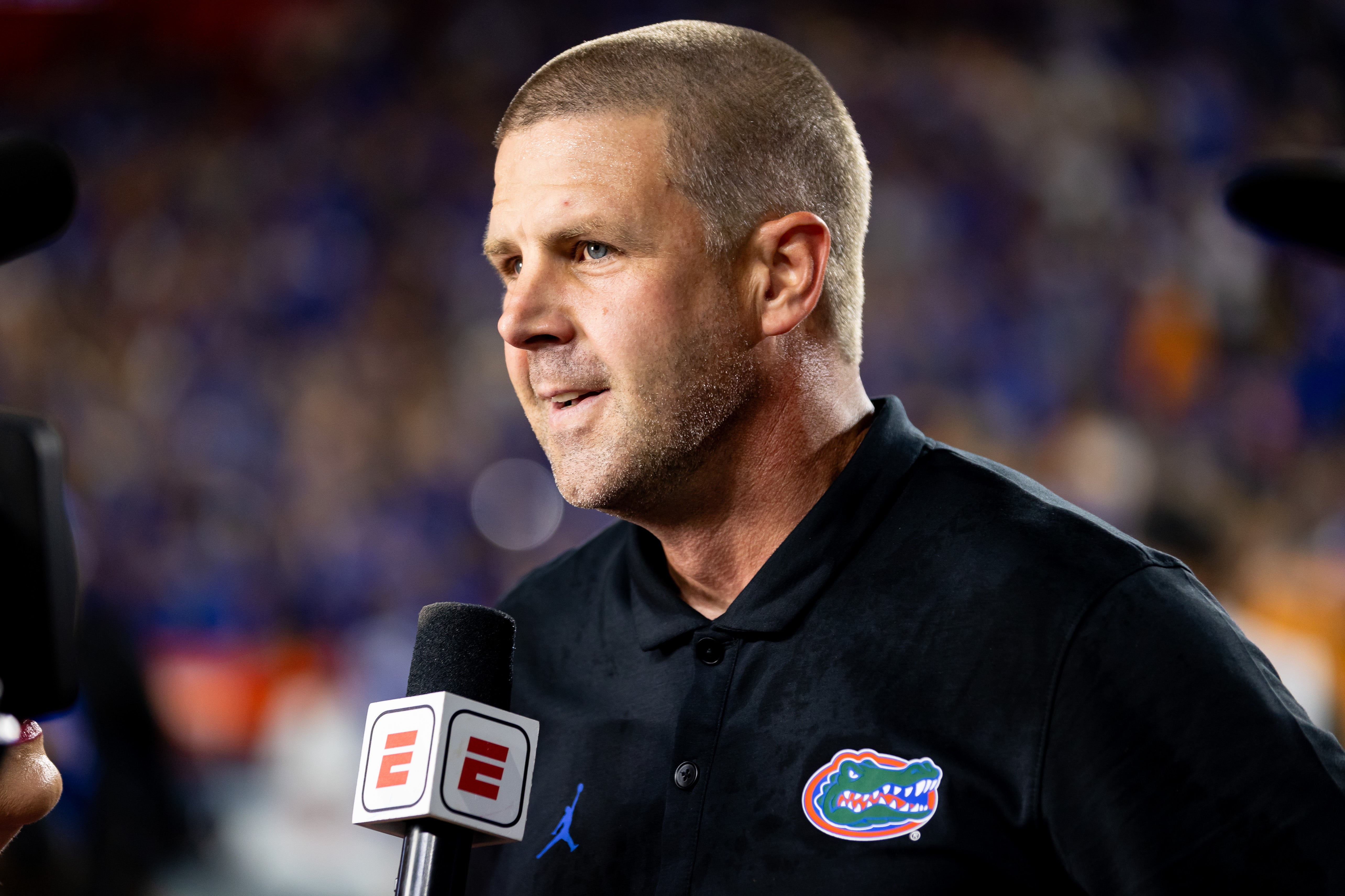 Sep 16, 2023; Gainesville, Florida, USA; Florida Gators head coach Billy Napier talks during an interview after the game against the Tennessee Volunteers at Ben Hill Griffin Stadium.