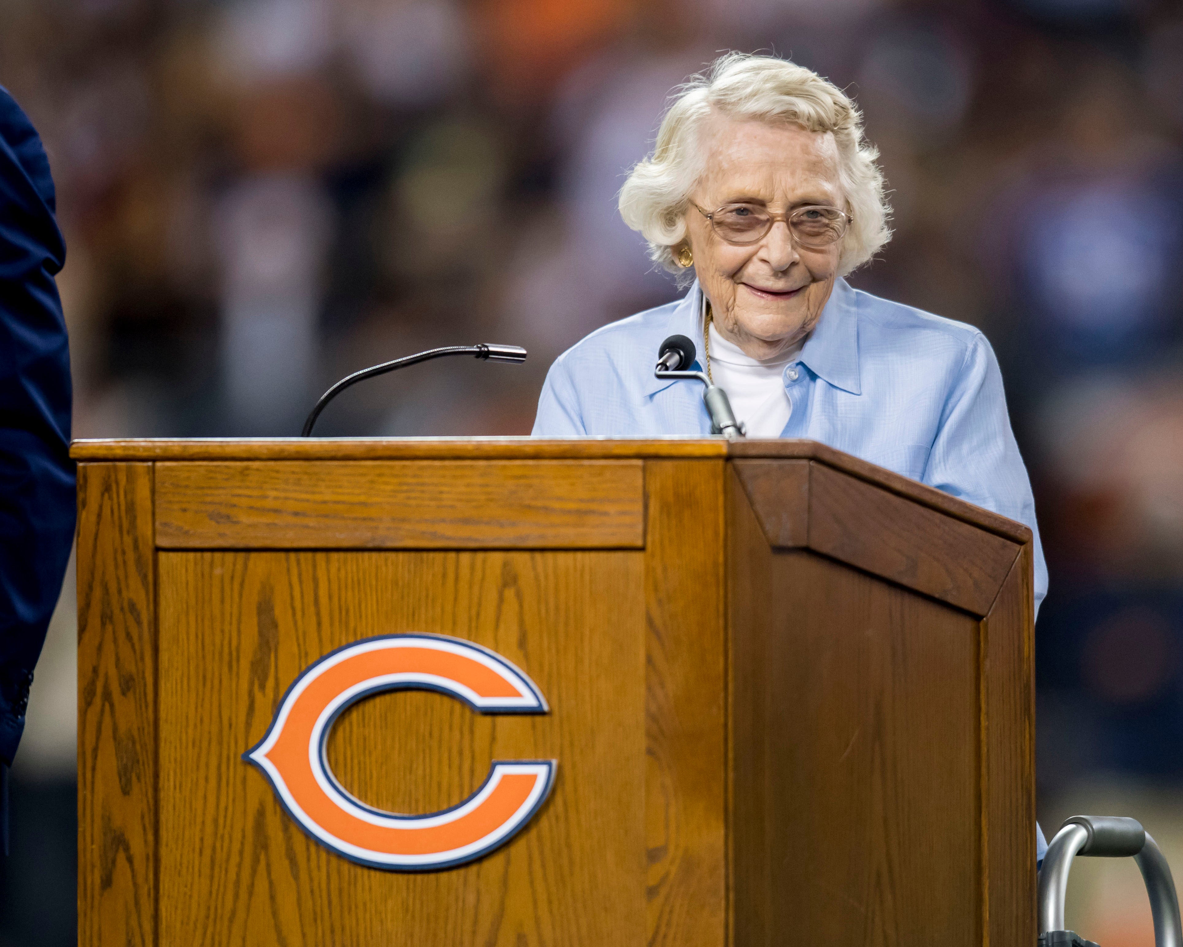 Sep 17, 2018; Chicago, IL, USA; Chicago Bears owner Virginia Halas McCaskey speaks during a ceremony at half time of a game between the Bears and the Seattle Seahawks at Soldier Field.