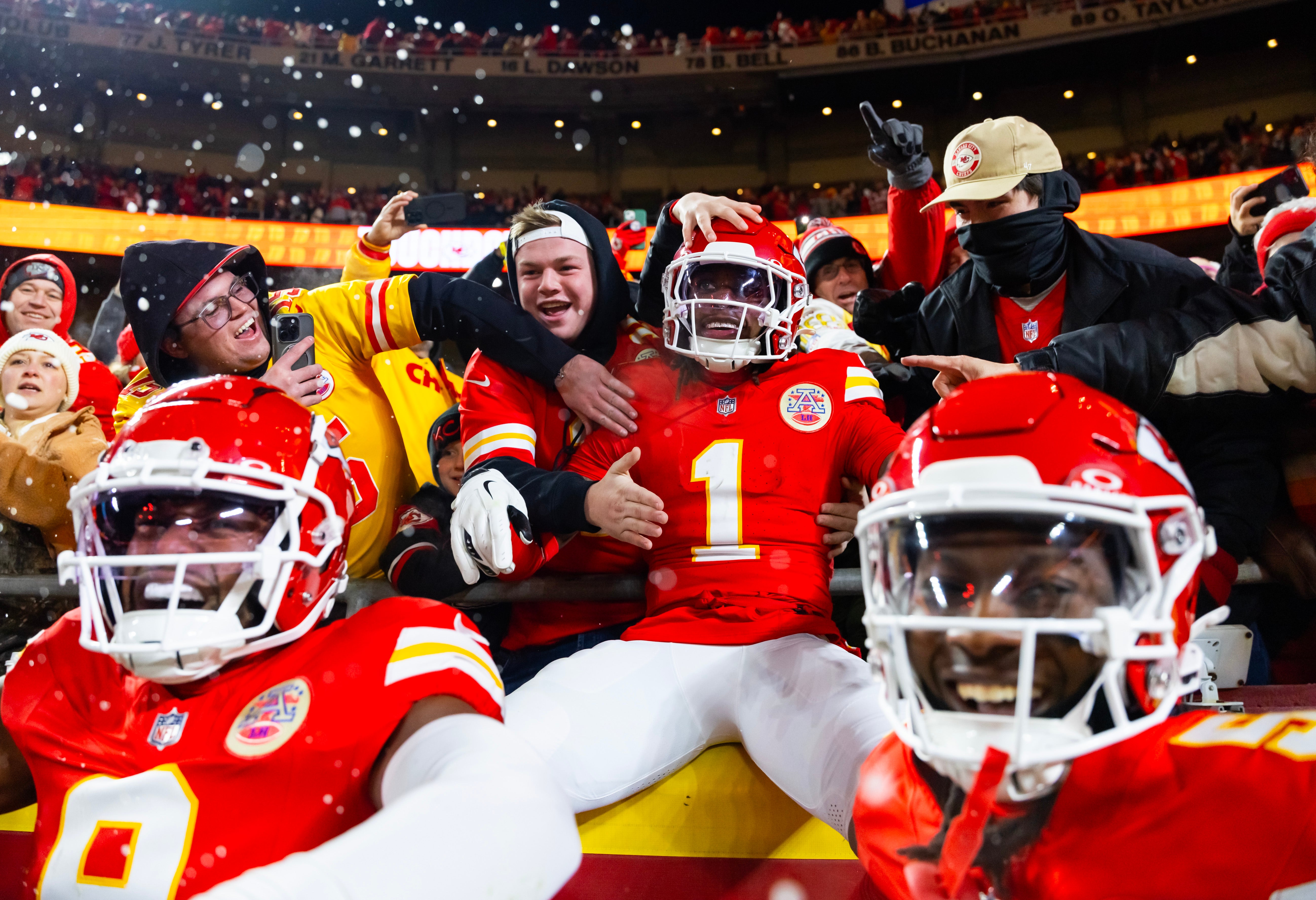 Jan 26, 2025; Kansas City, MO, USA; Kansas City Chiefs wide receiver Xavier Worthy (1) celebrate with fans after a touchdown against the Buffalo Bills during the first half in the AFC Championship game at GEHA Field at Arrowhead Stadium.