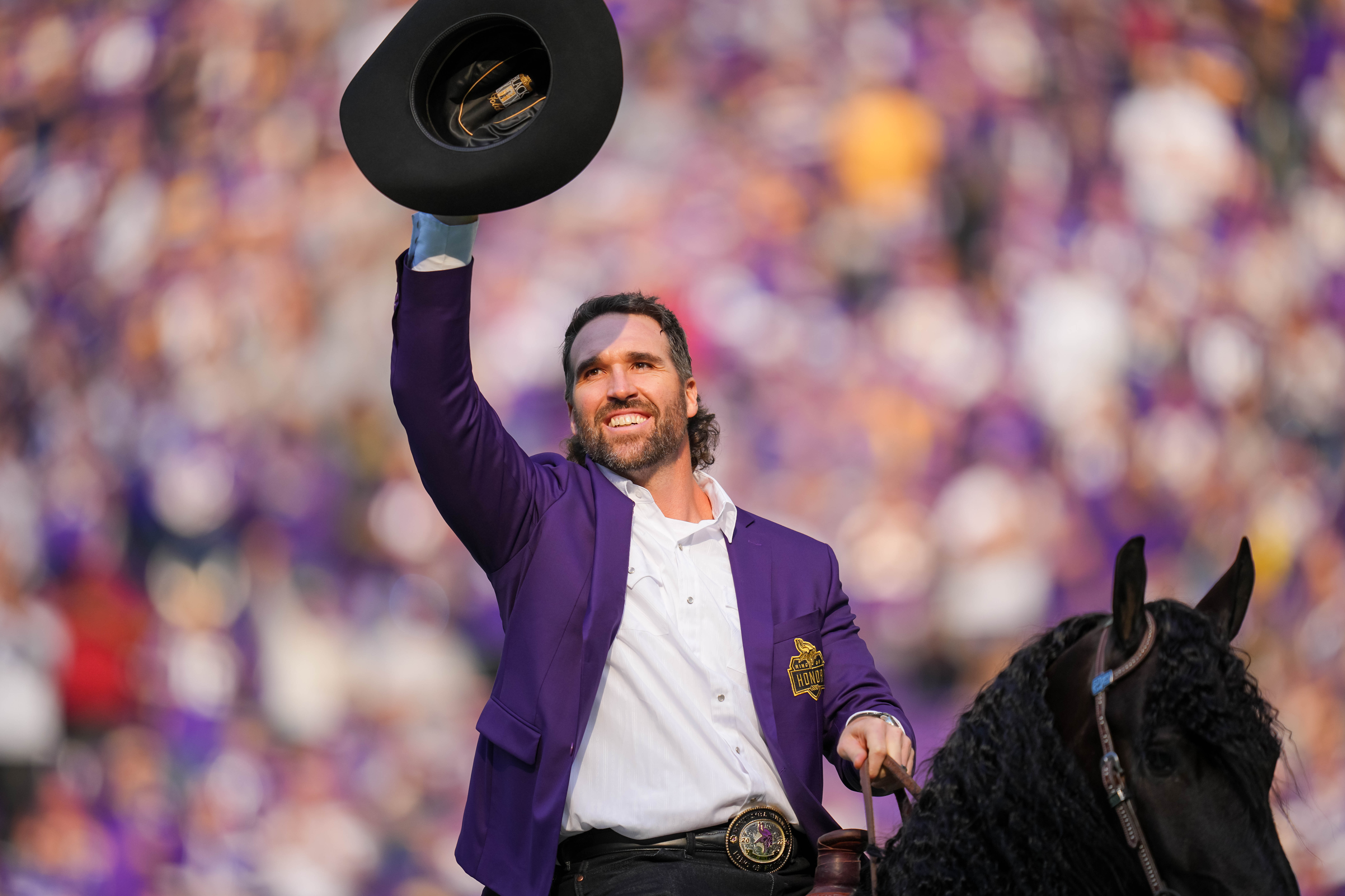 Oct 30, 2022; Minneapolis, Minnesota, USA; Minnesota Vikings Jared Allen (69) is inducted into the Ring of Honor against the Arizona Cardinals at half time at U.S. Bank Stadium.