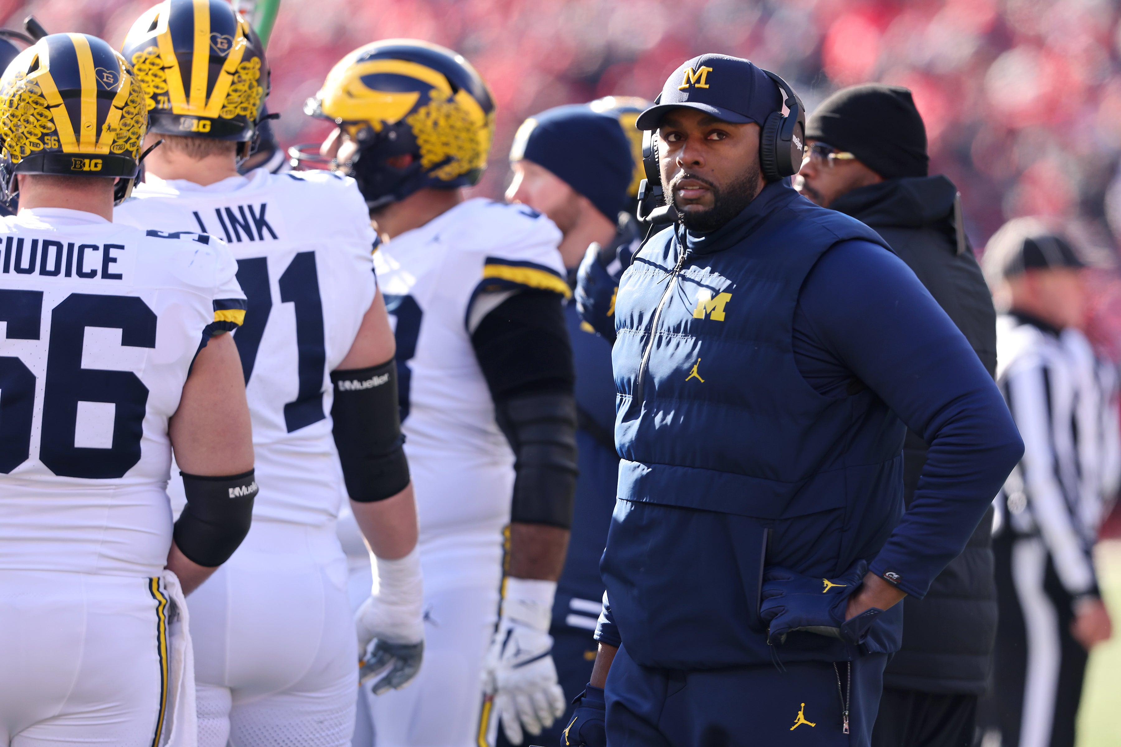 Nov 30, 2024; Columbus, Ohio, USA; Michigan Wolverines head coach Sherrone Moore during the first quarter against the Ohio State Buckeyes at Ohio Stadium.