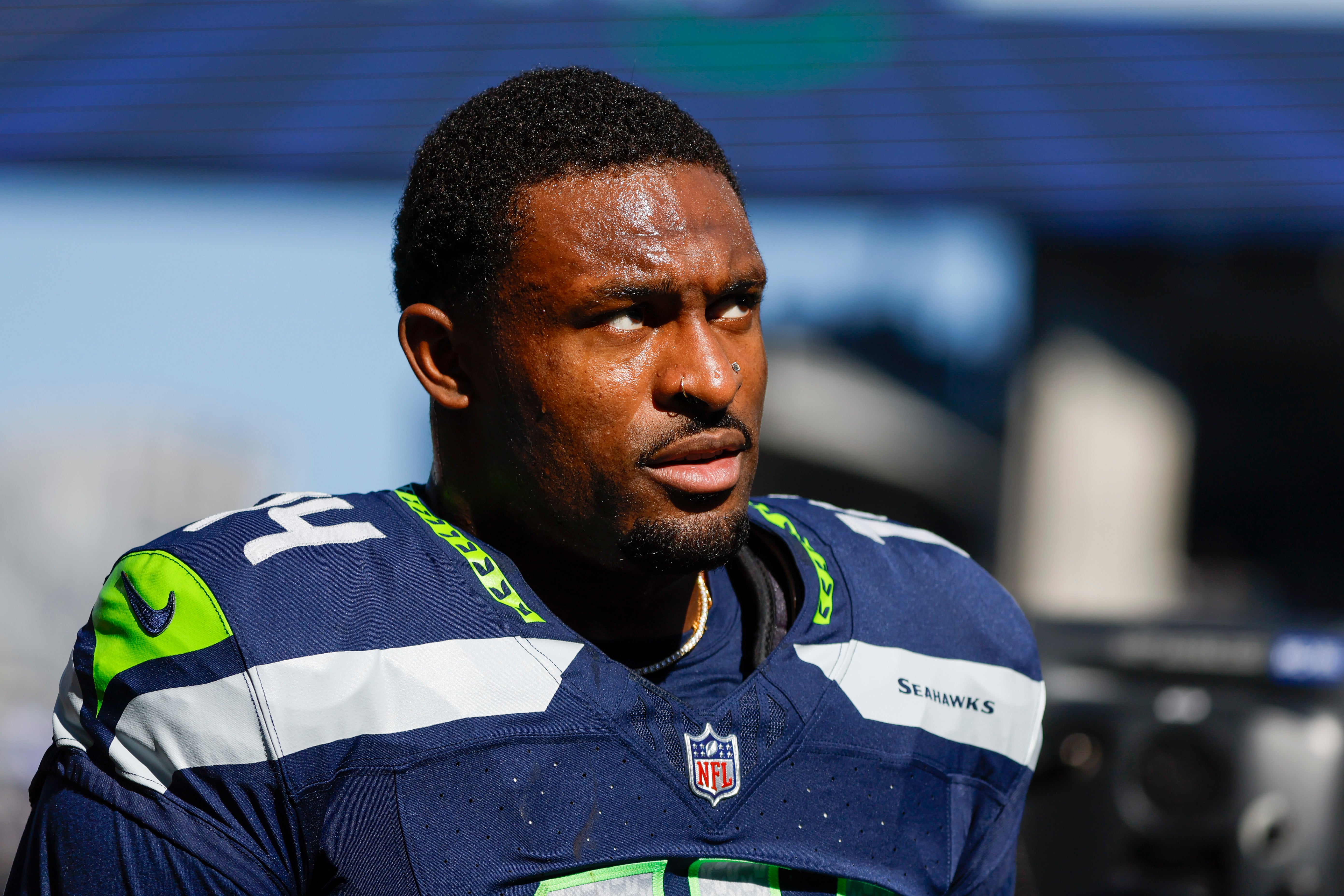 Seattle Seahawks wide receiver DK Metcalf (14) walks to the locker room following pregame warmups against the New York Giants at Lumen Field.