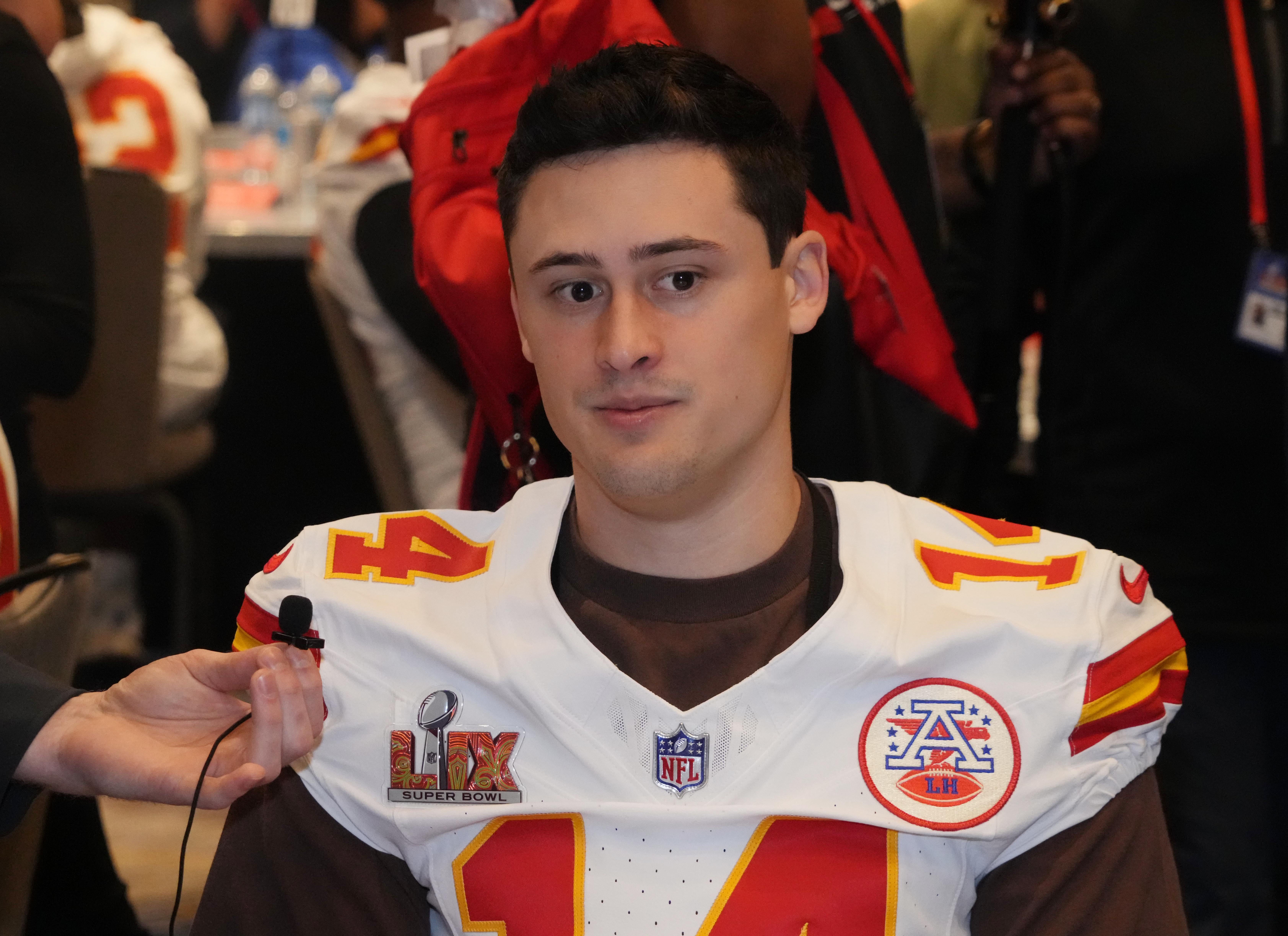 Feb 5, 2025; New Orleans, LA, USA; Kansas City Chiefs punter Matt Araiza (14) in a press conference ahead of Super Bowl LIX at New Orleans Marriott.