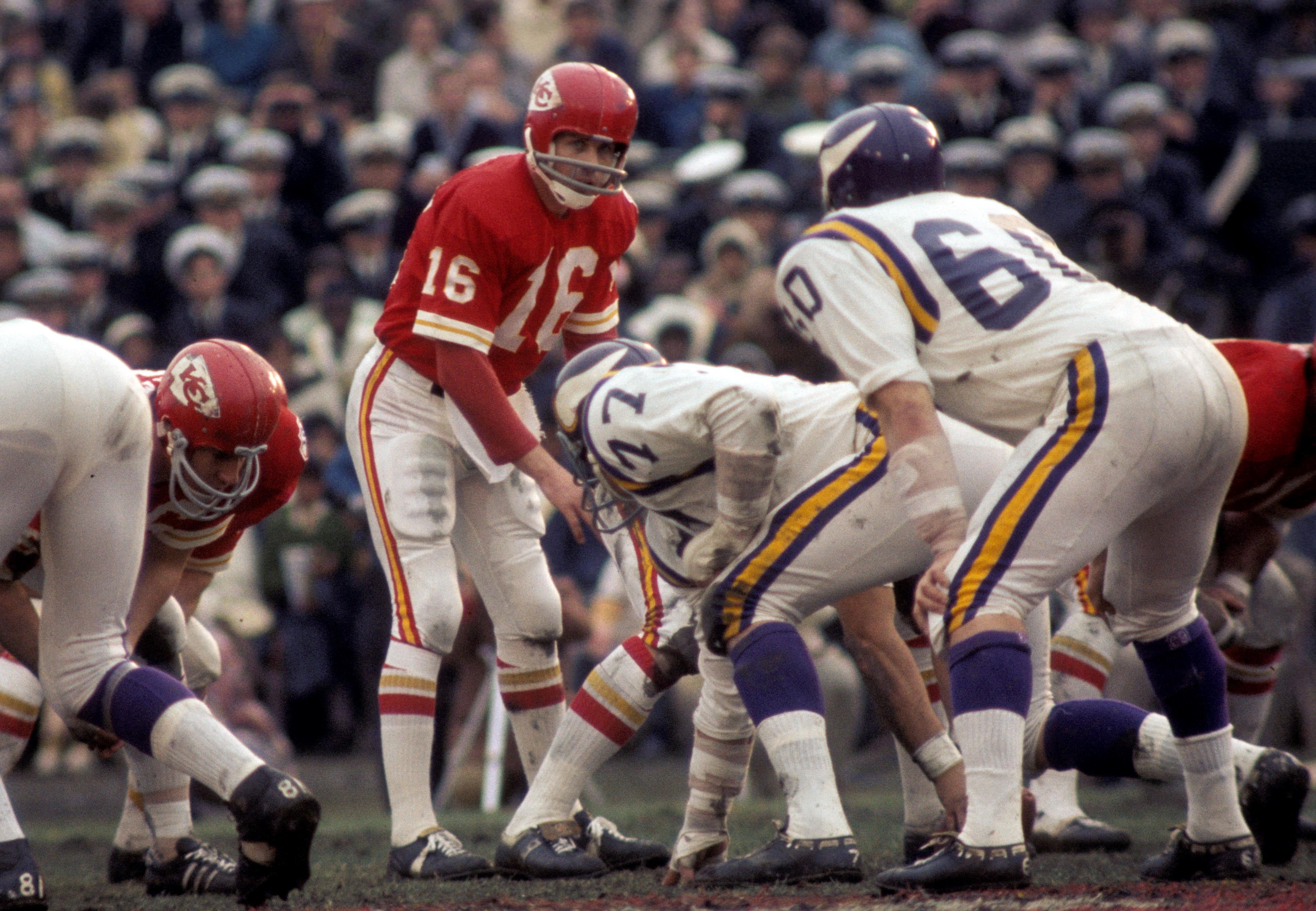 Jan. 11, 1970; New Orleans, LA, USA; FILE PHOTO; Kansas City Chiefs quarterback Len Dawson (16) at the line of scrimmage against the Minnesota Vikings during Super Bowl IV at Tulane Stadium. The Chiefs won the game, 23-9.