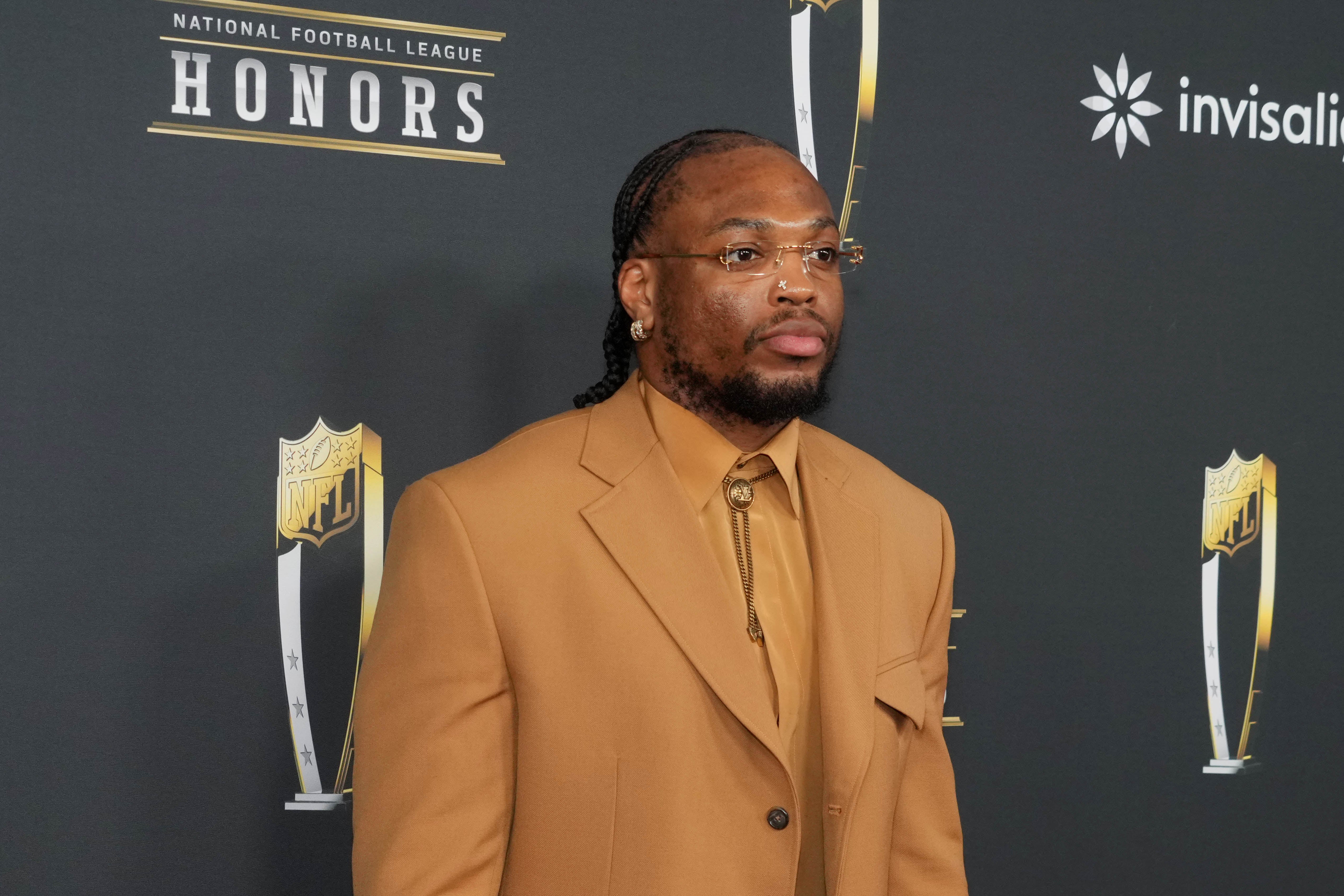 Feb 6, 2025; New Orleans, LA, USA; Derrick Henry on the red carpet before Super Bowl LIX NFL Honors at Saenger Theatre. Mandatory Credit: Kirby Lee-Imagn Images