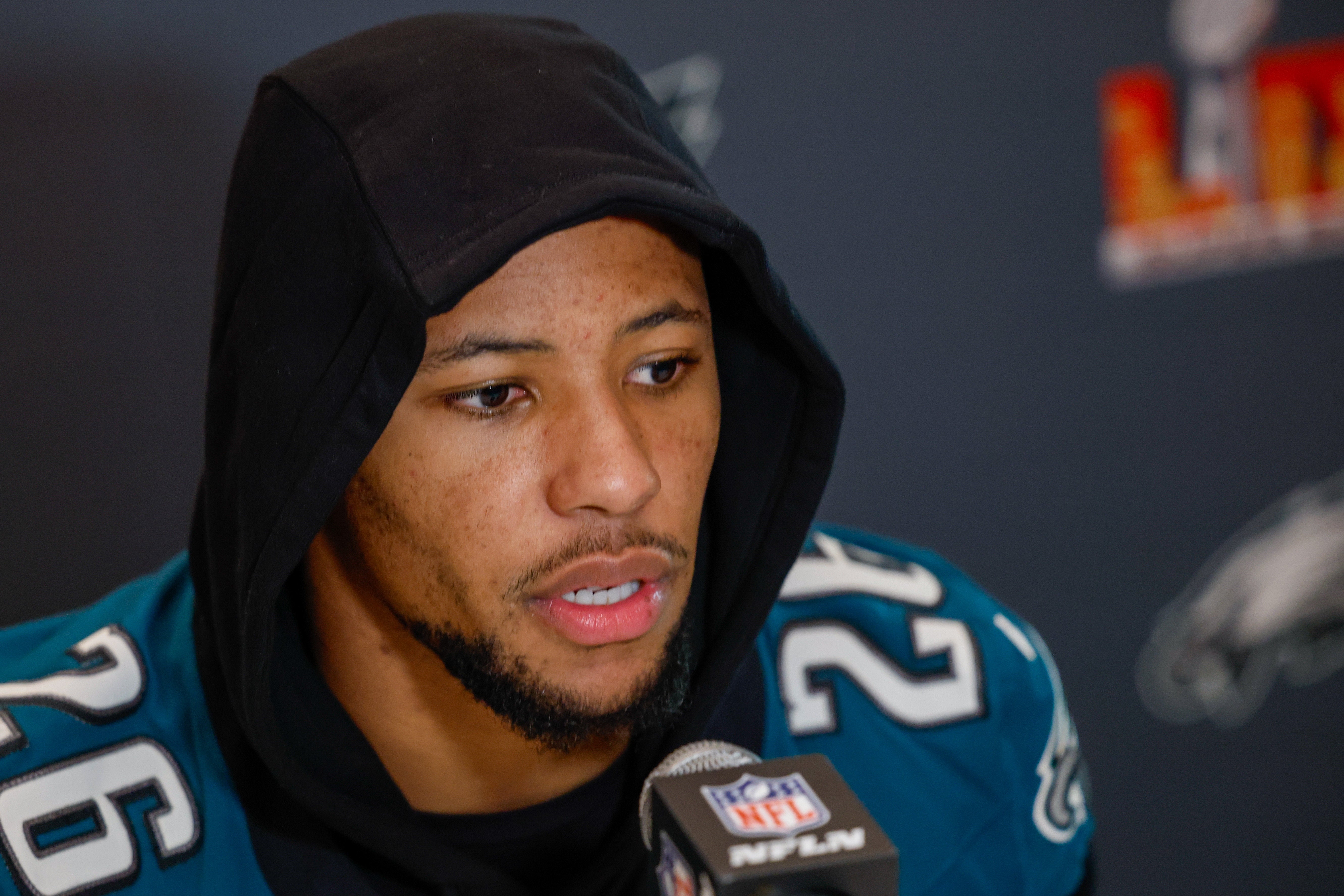 Feb 6, 2025; New Orleans, LA, USA; Philadelphia Eagles running back Saquon Barkley (26) during a press conference in advance of Super Bowl LIX at New Orleans Marriott.