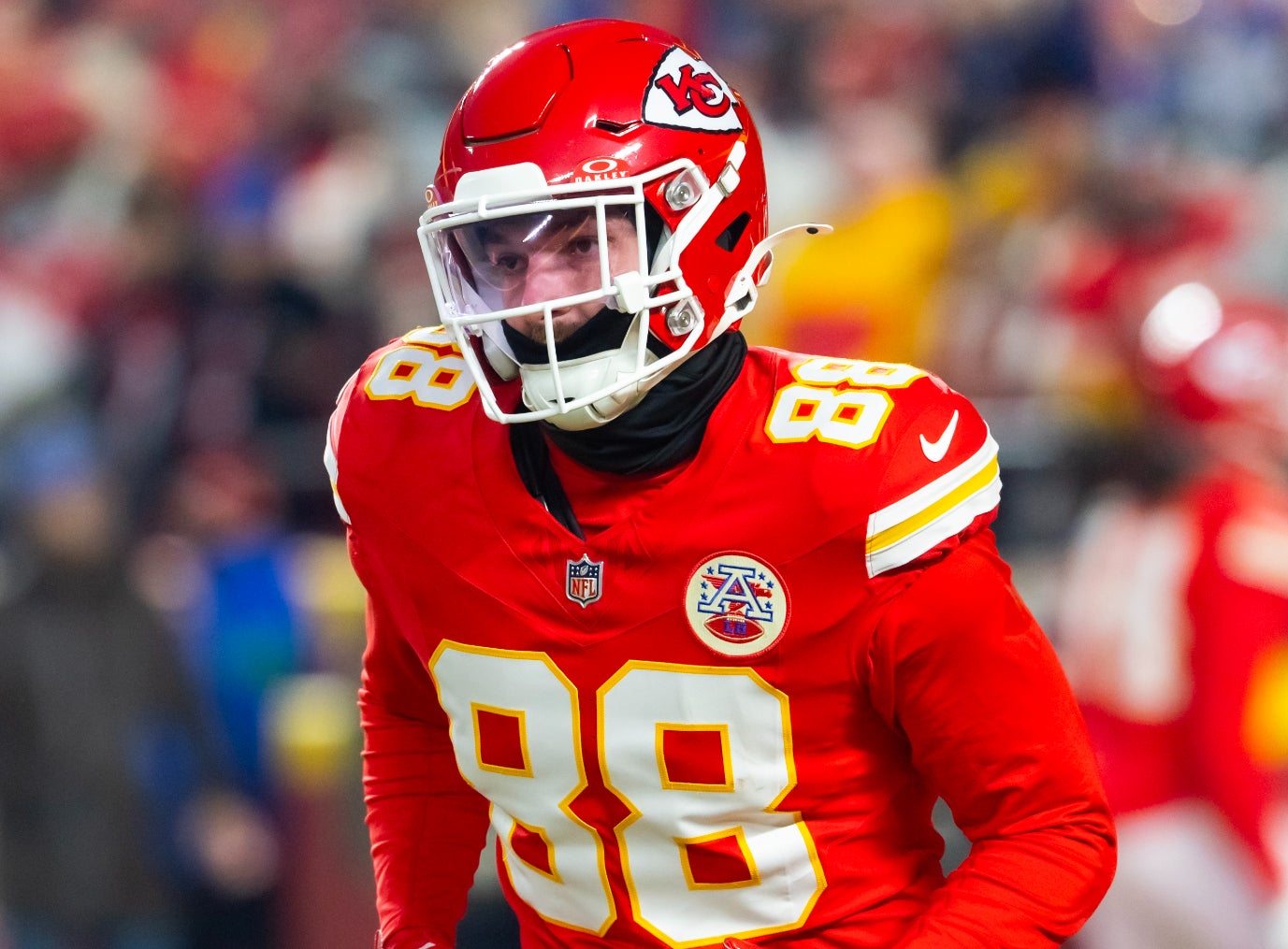 Jan 26, 2025; Kansas City, MO, USA; Kansas City Chiefs tight end Peyton Hendershot (88) against the Buffalo Bills in the AFC Championship game at GEHA Field at Arrowhead Stadium.