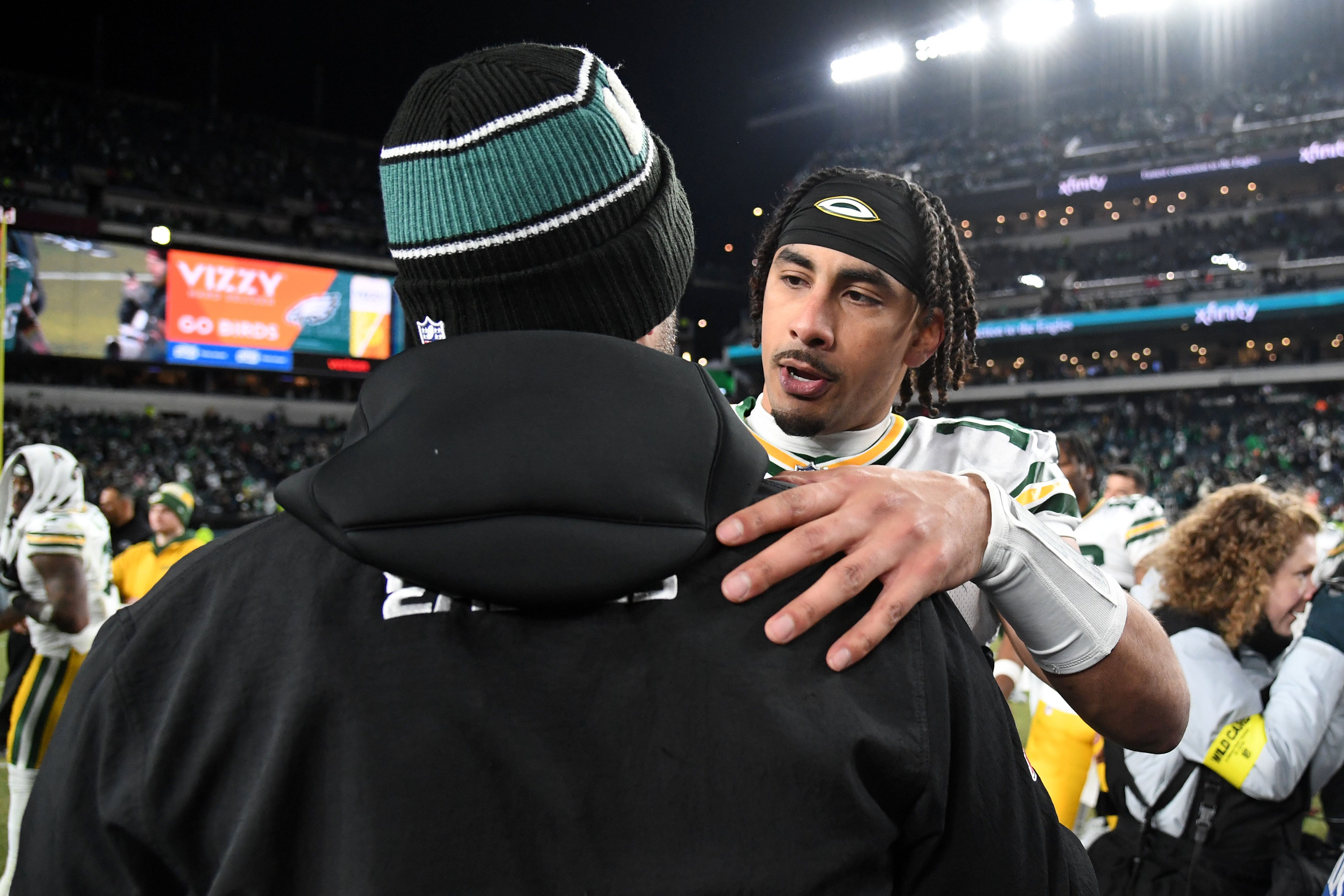 Green Bay Packers quarterback Jordan Love (10) reacts after the game against the Philadelphia Eagles in an NFC wild card game at Lincoln Financial Field.
