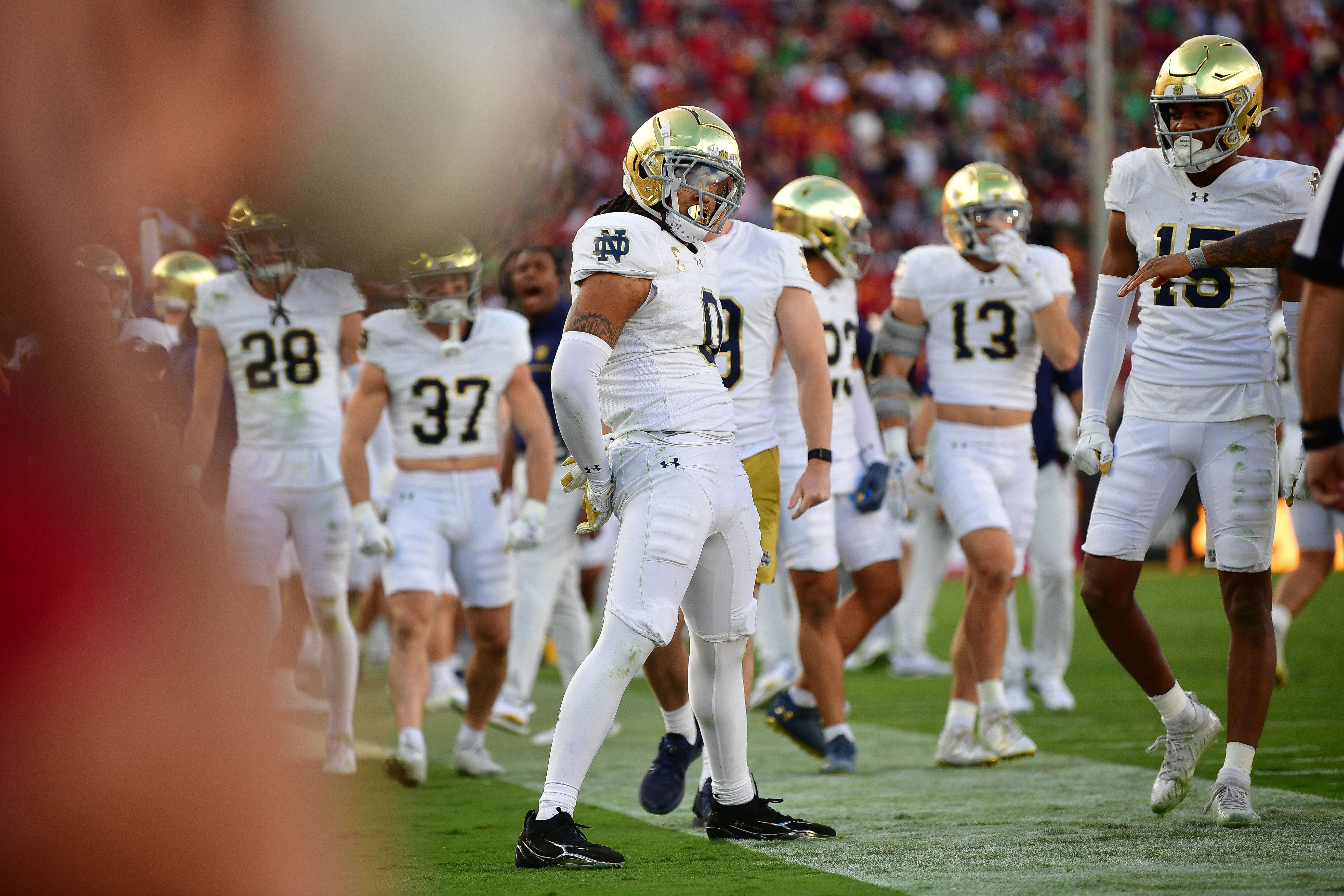 Notre Dame Fighting Irish safety Xavier Watts (0) reacts after blocking a pass intended for Southern California Trojans wide receiver Makai Lemon (6) during the second half at the Los Angeles Memorial Coliseum.