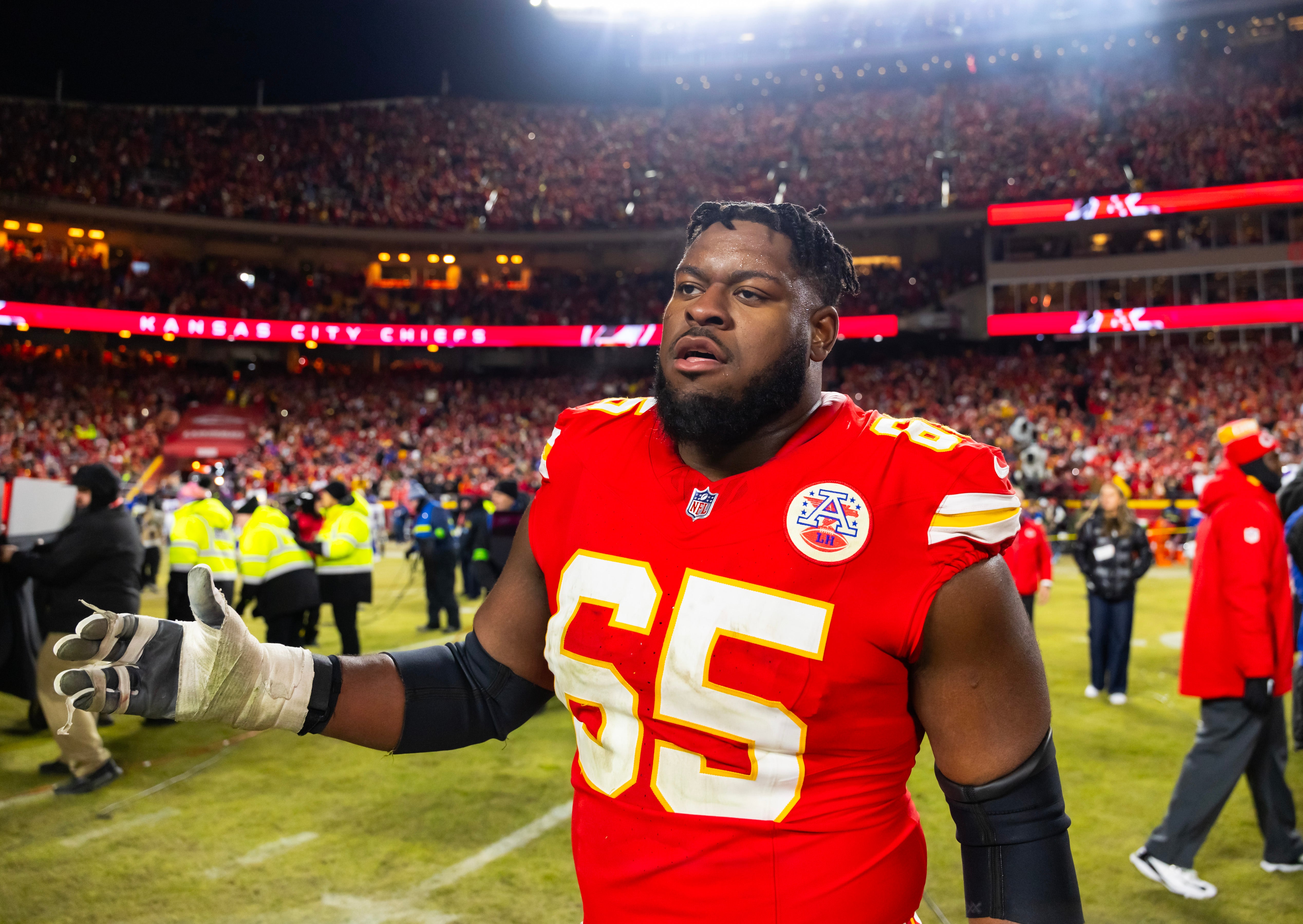 Jan 26, 2025; Kansas City, MO, USA; Kansas City Chiefs guard Trey Smith (65) against the Buffalo Bills in the AFC Championship game at GEHA Field at Arrowhead Stadium.