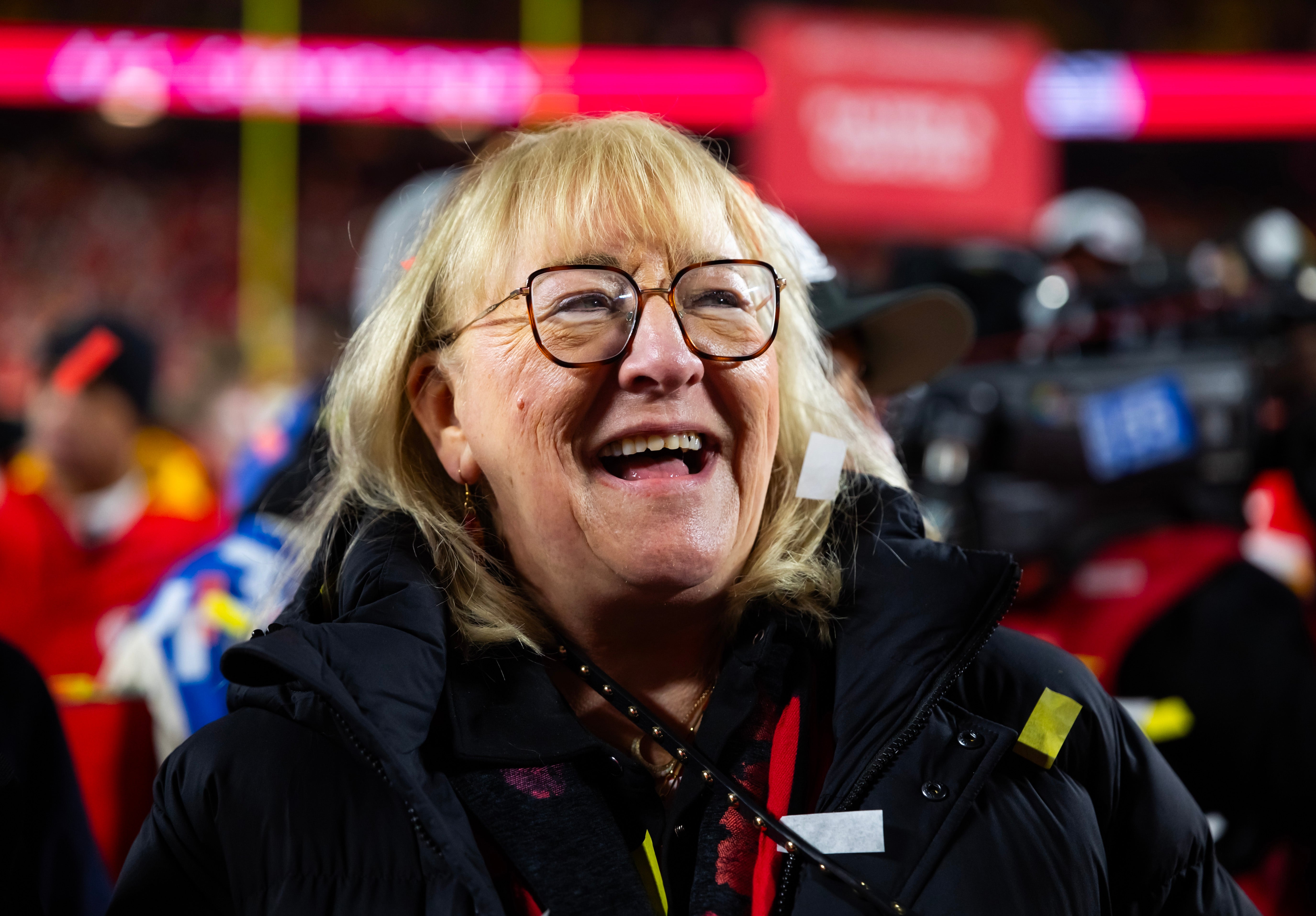 Jan 26, 2025; Kansas City, MO, USA; Donna Kelce celebrates after the AFC Championship game against the Buffalo Bills at GEHA Field at Arrowhead Stadium
