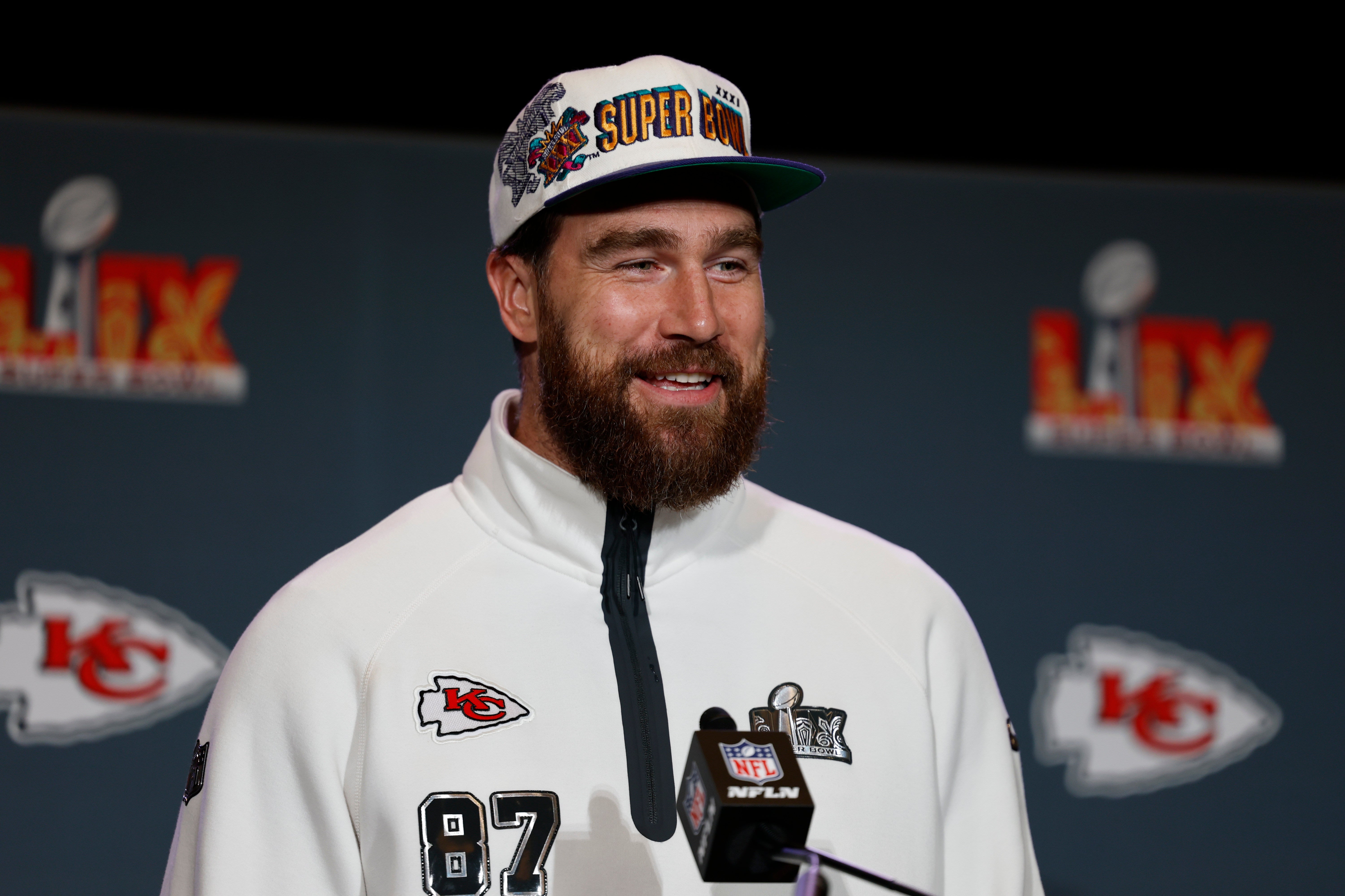 Feb 6, 2025; New Orleans, LA, USA; Kansas City Chiefs tight end Travis Kelce (87) during a press conference in advance of Super Bowl LIX at New Orleans Marriott.