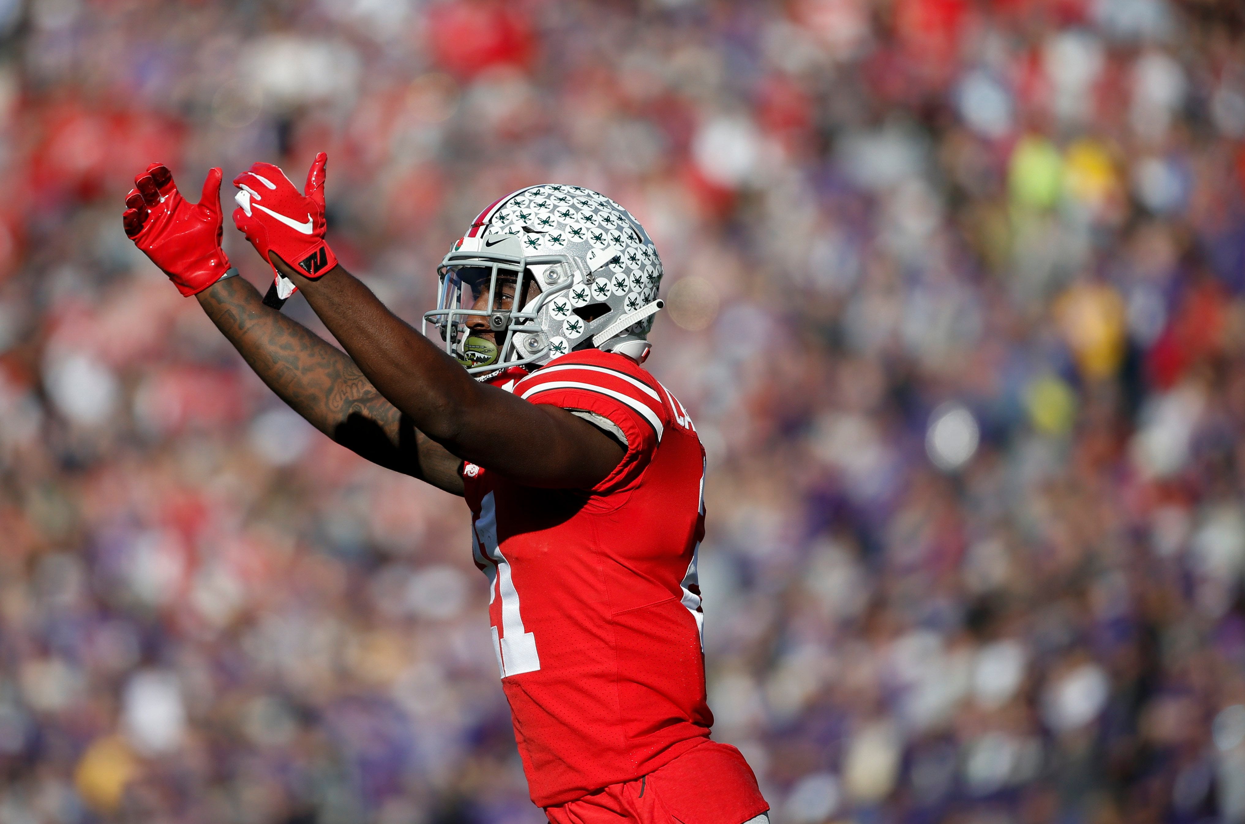 Ohio State Buckeyes wide receiver Parris Campbell Jr. (21) celebrates after scoring a touchdown during the first quarter of the 105th Rose Bowl Game between the Ohio State Buckeyes and the Washington Huskies on Tuesday, January 1, 2019 at the Rose Bowl in Pasadena, California.