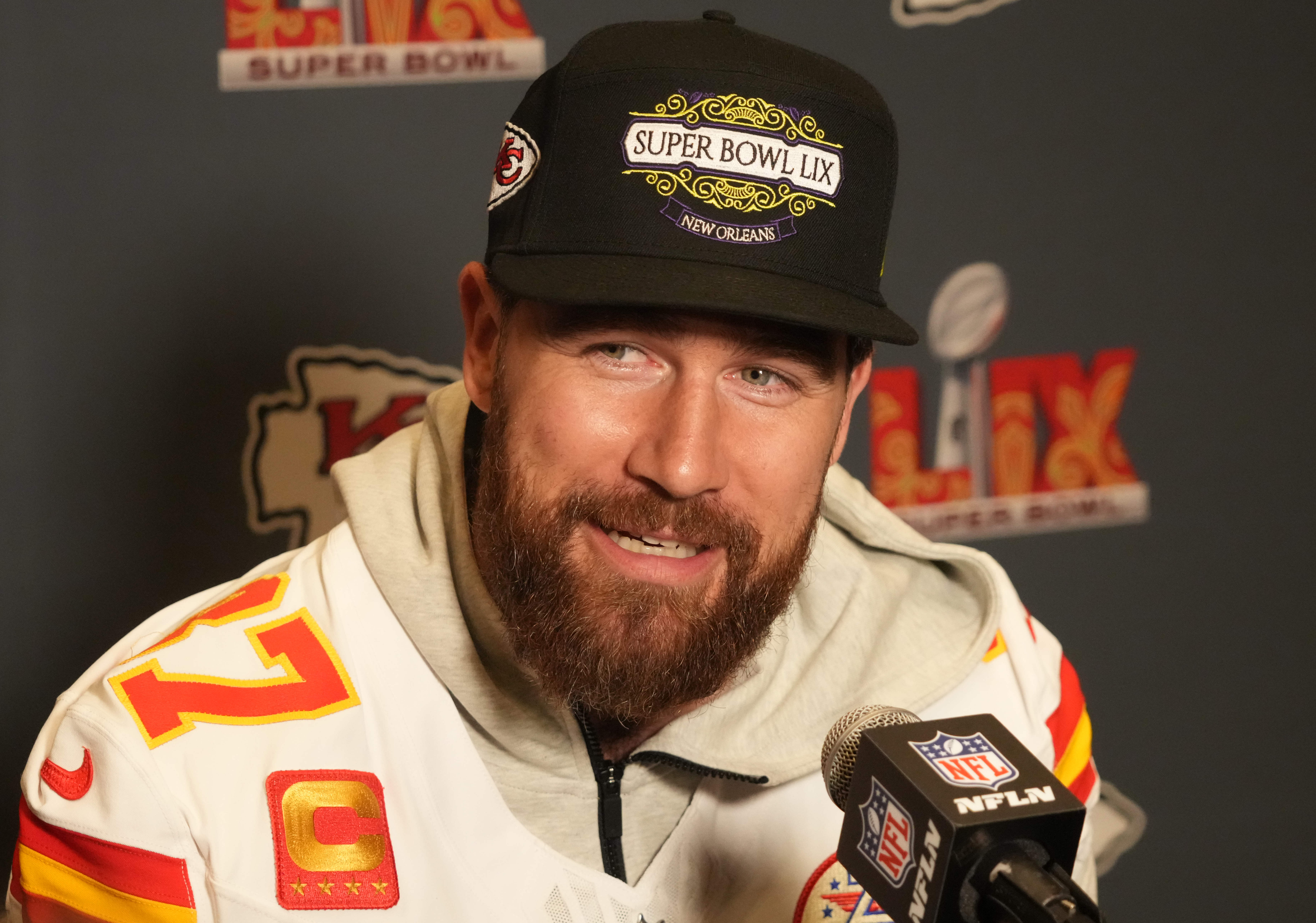 Travis Kelce, tight end Kansas City Chiefs at Super Bowl LIX media sessions