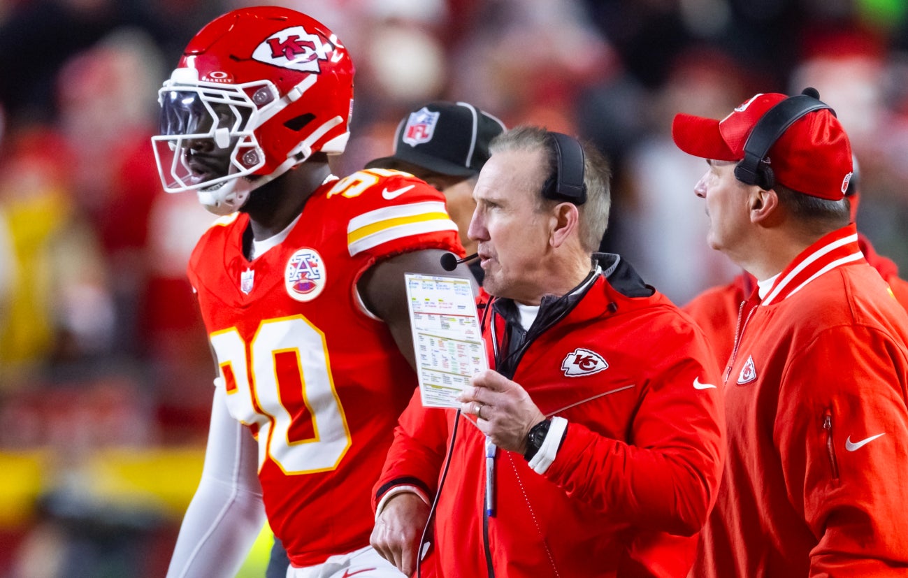 Jan 26, 2025; Kansas City, MO, USA; Kansas City Chiefs defensive coordinator Steve Spagnuolo against the Buffalo Bills in the AFC Championship game at GEHA Field at Arrowhead Stadium.