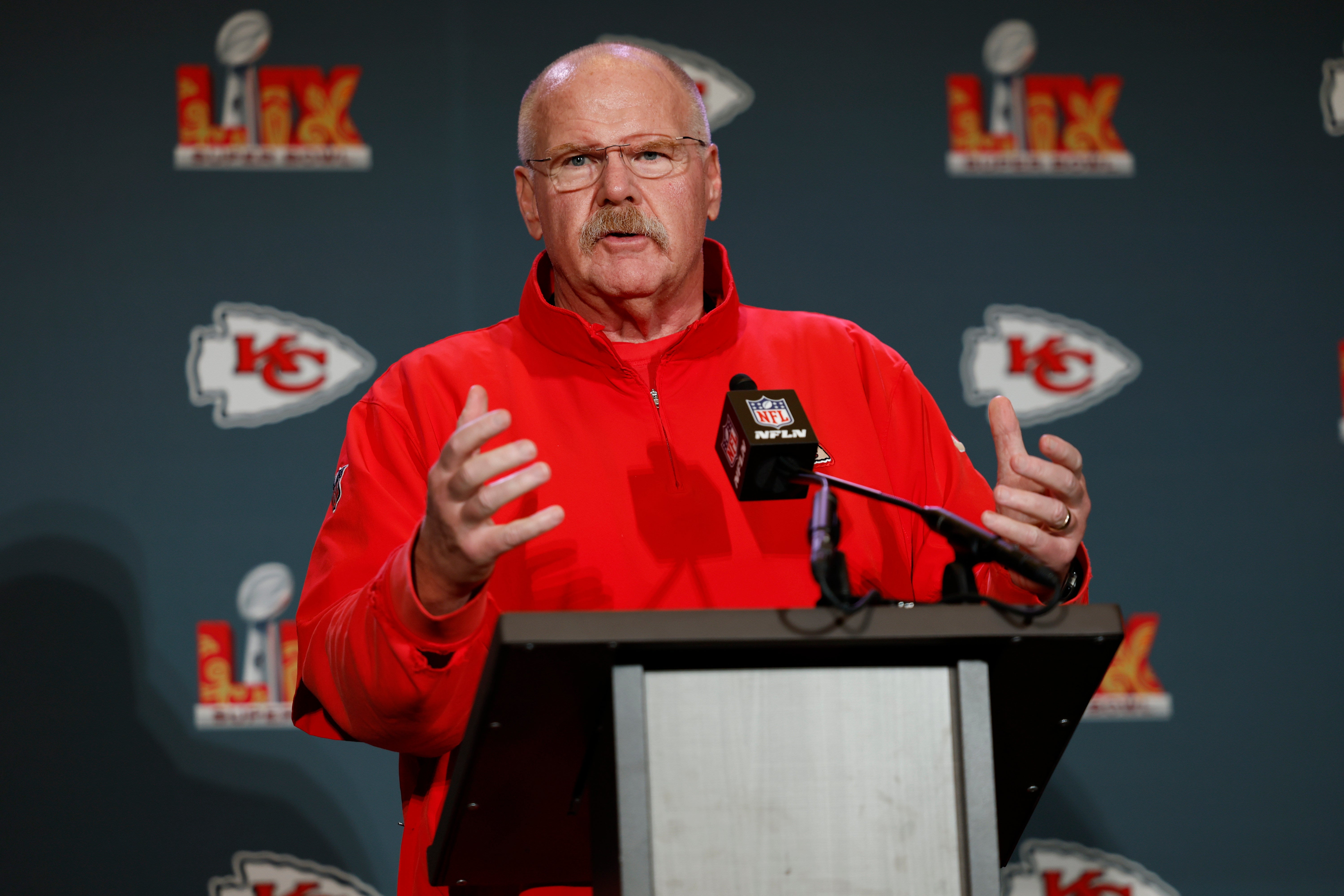 Feb 6, 2025; New Orleans, LA, USA; Kansas City Chiefs head coach Andy Reid during a press conference in advance of Super Bowl LIX at New Orleans Marriott.
