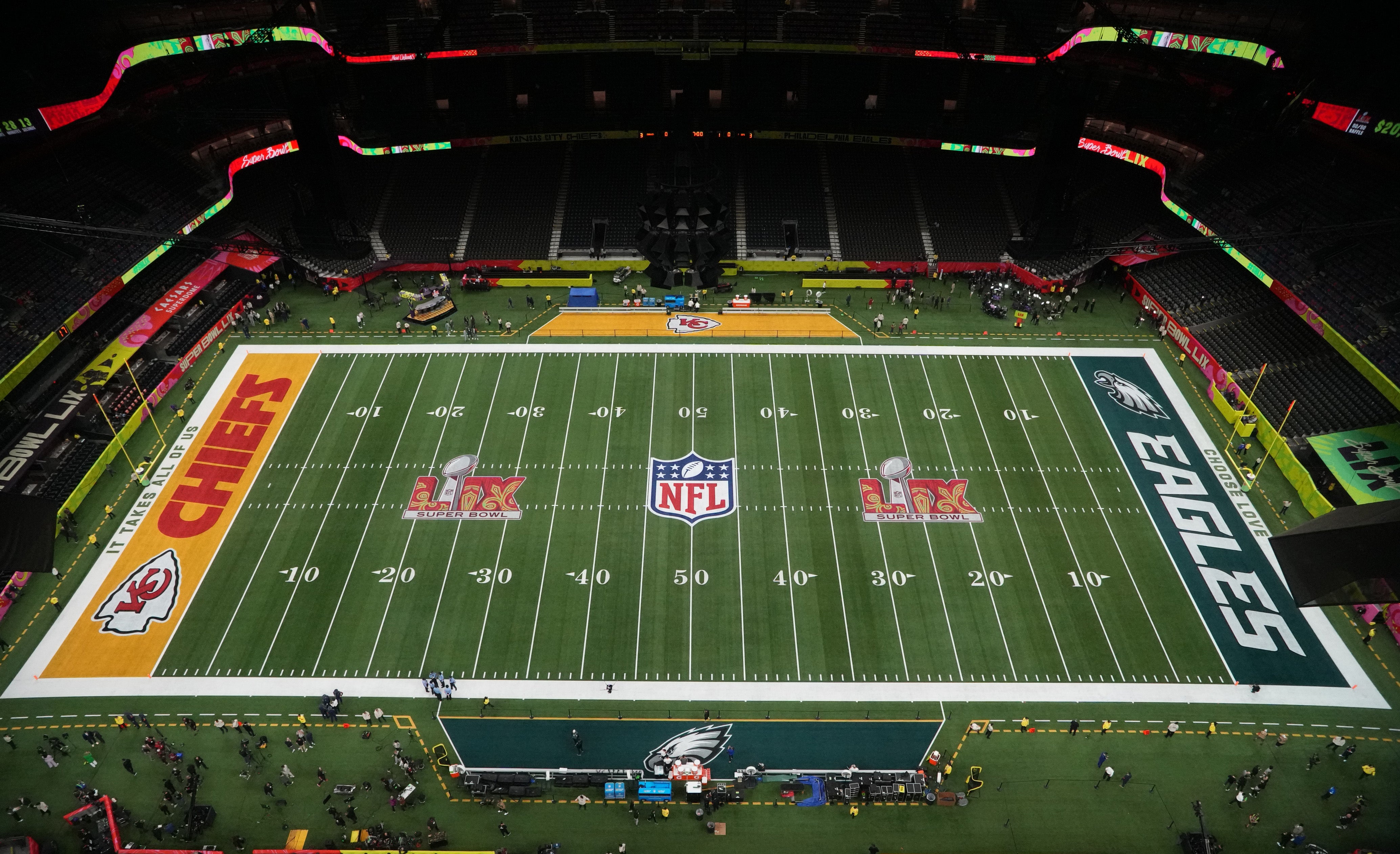 A general view of the field before Super Bowl LIX between the Philadelphia Eagles and Kansas City Chiefs at Caesars Superdome.