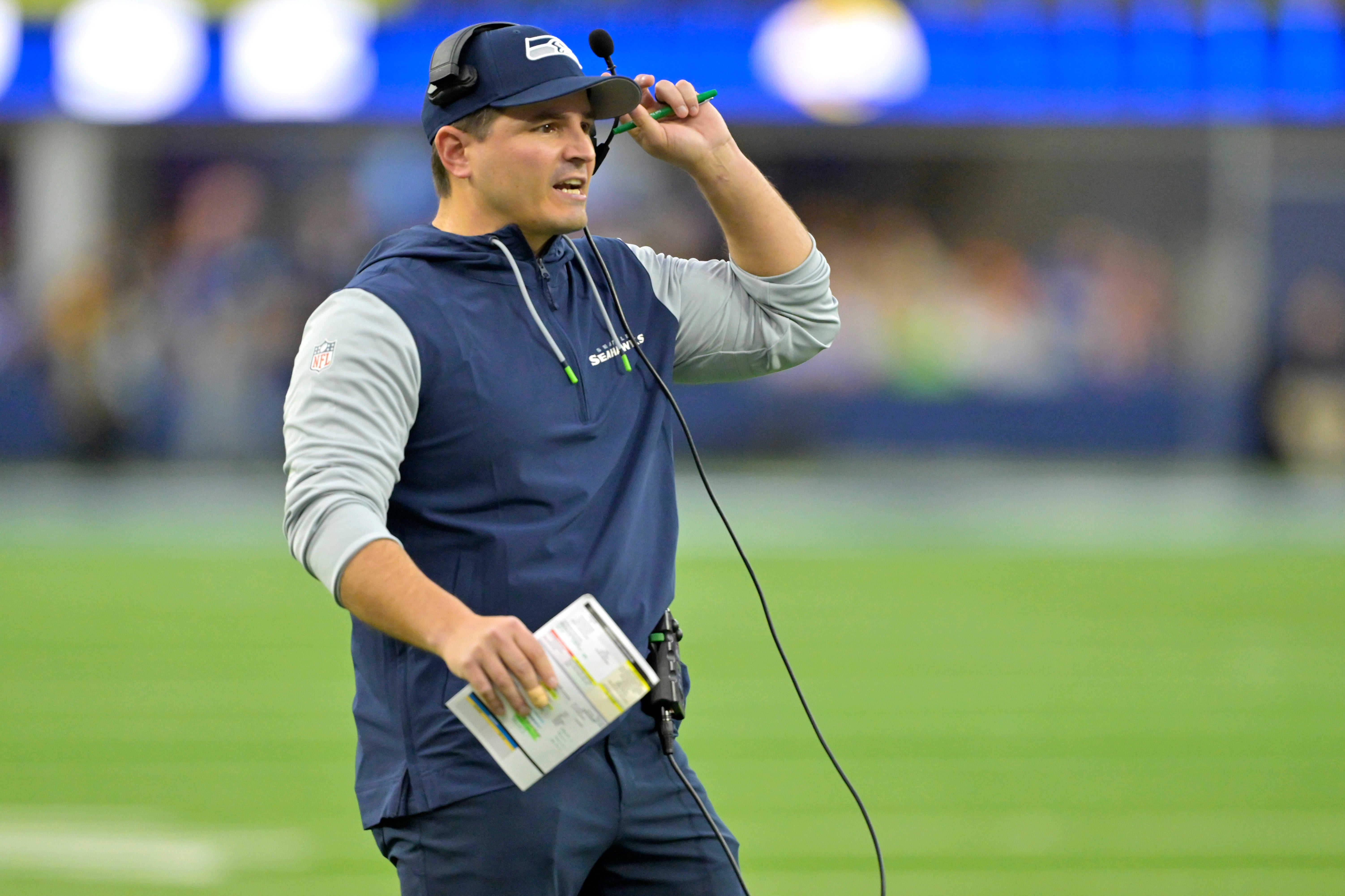 Jan 5, 2025; Inglewood, California, USA; Los Angeles Rams head coach Mike Macdonald on the sidelines in the fourth quarter of the game against the Los Angeles Rams at SoFi Stadium.