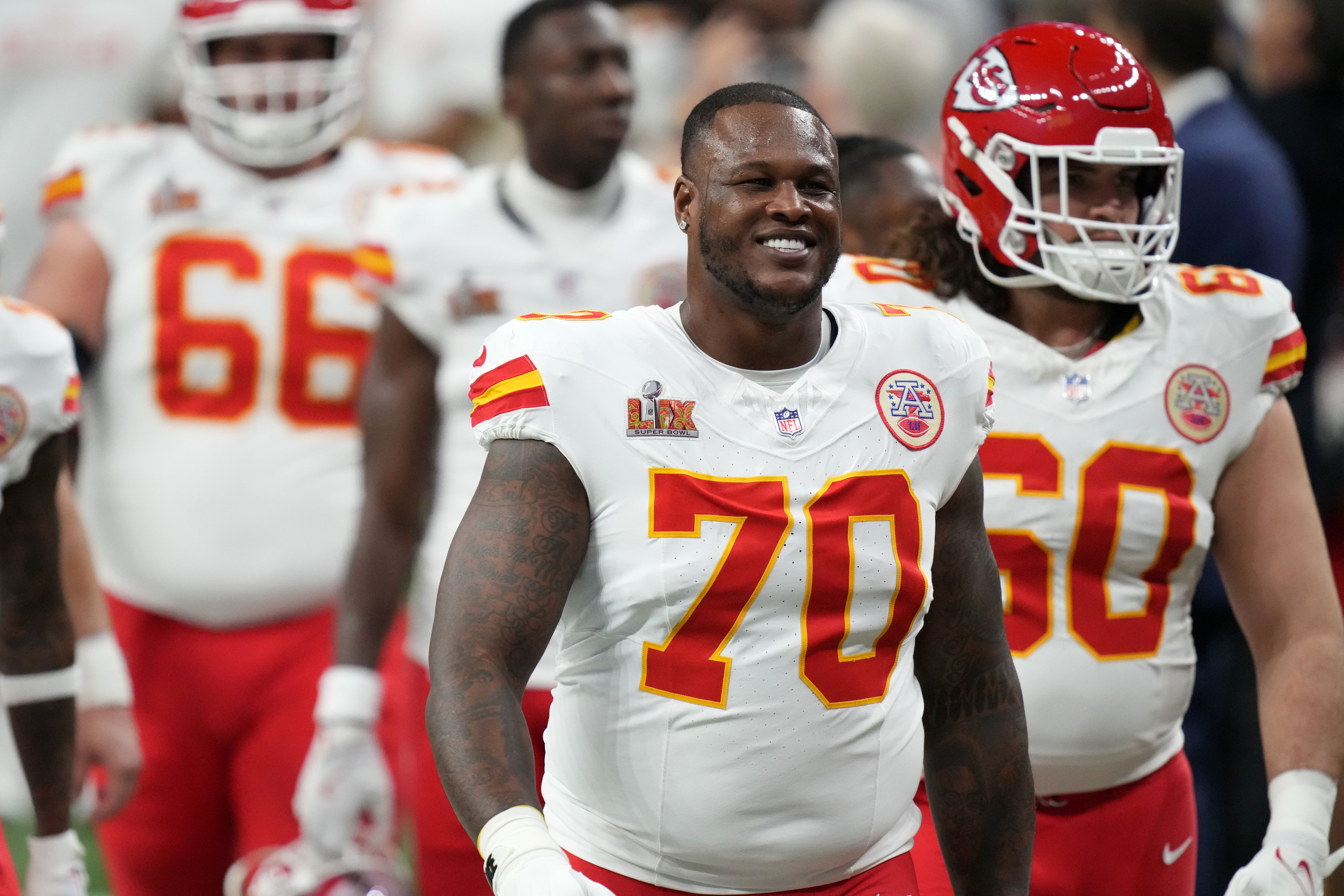 Feb 9, 2025; New Orleans, LA, USA; Kansas City Chiefs offensive tackle D.J. Humphries (70) takes the field before Super Bowl LIX against the Philadelphia Eagles at Caesars Superdome.