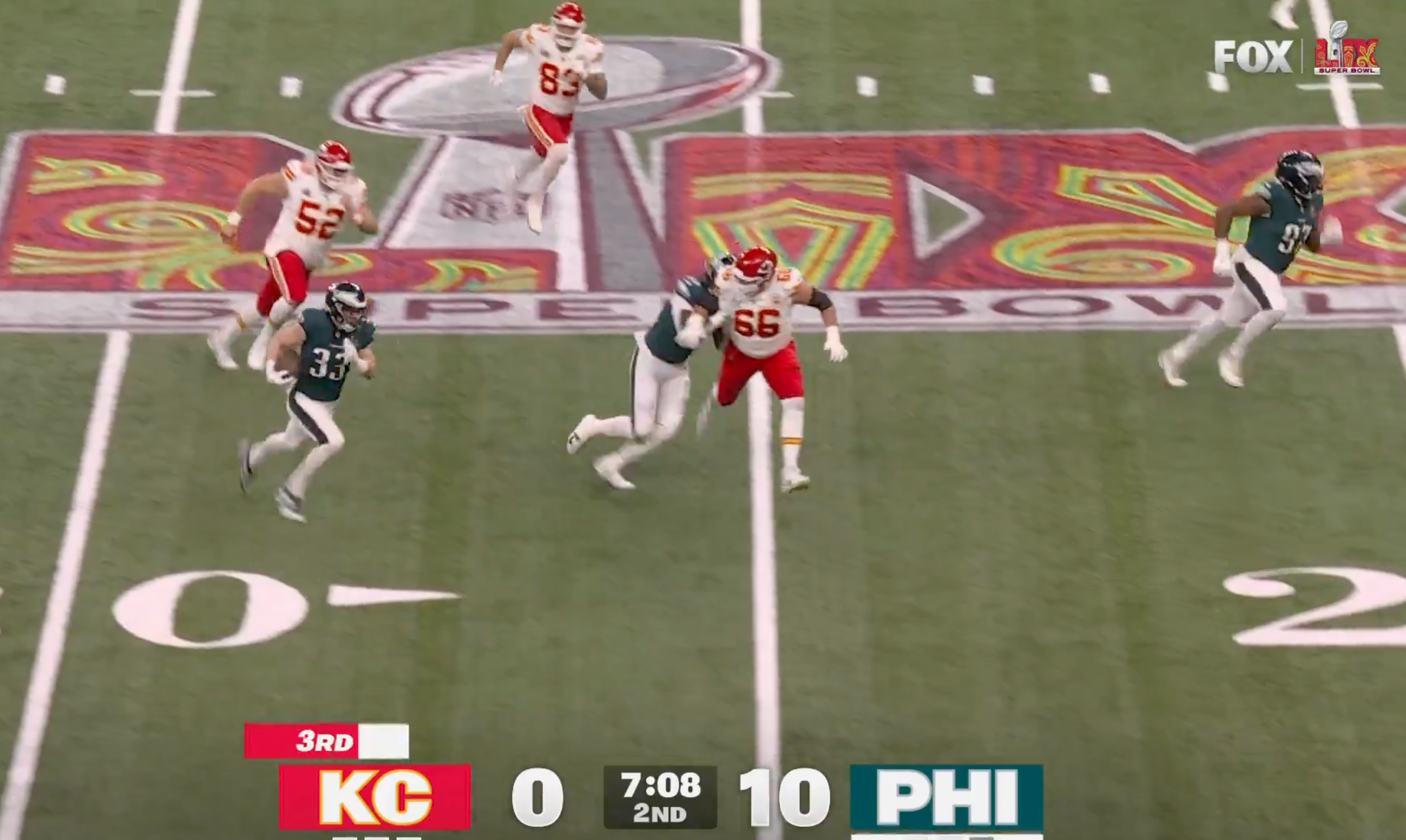 Philadelphia Eagles cornerback Cooper DeJean picks off Patrick Mahomes for TD during Super Bowl LIX